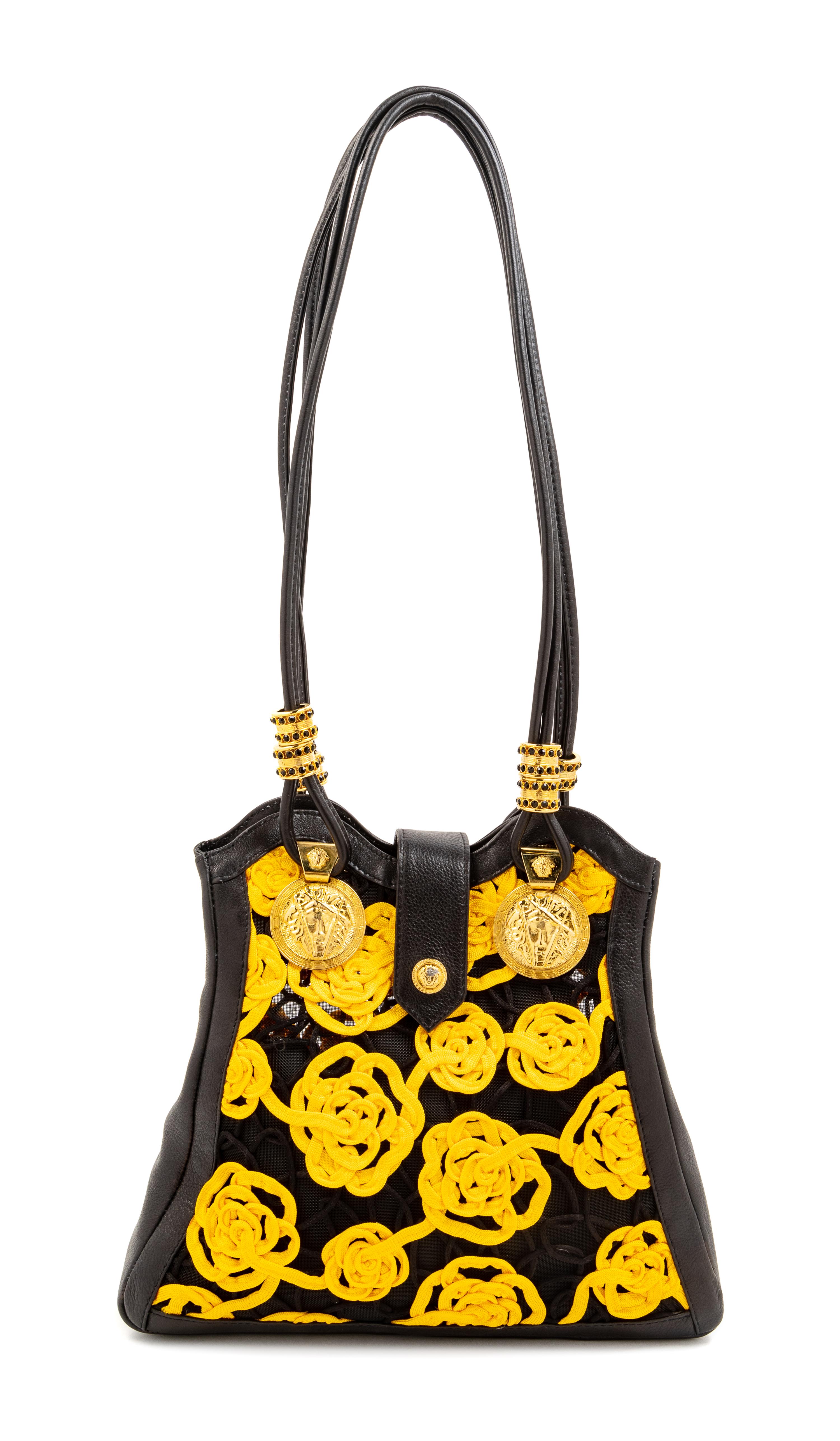 Gianni Versace Black Yellow Floral Handbag, 1990s 11.75" L x 2" W x 10.5" H; strap drop: 14"
