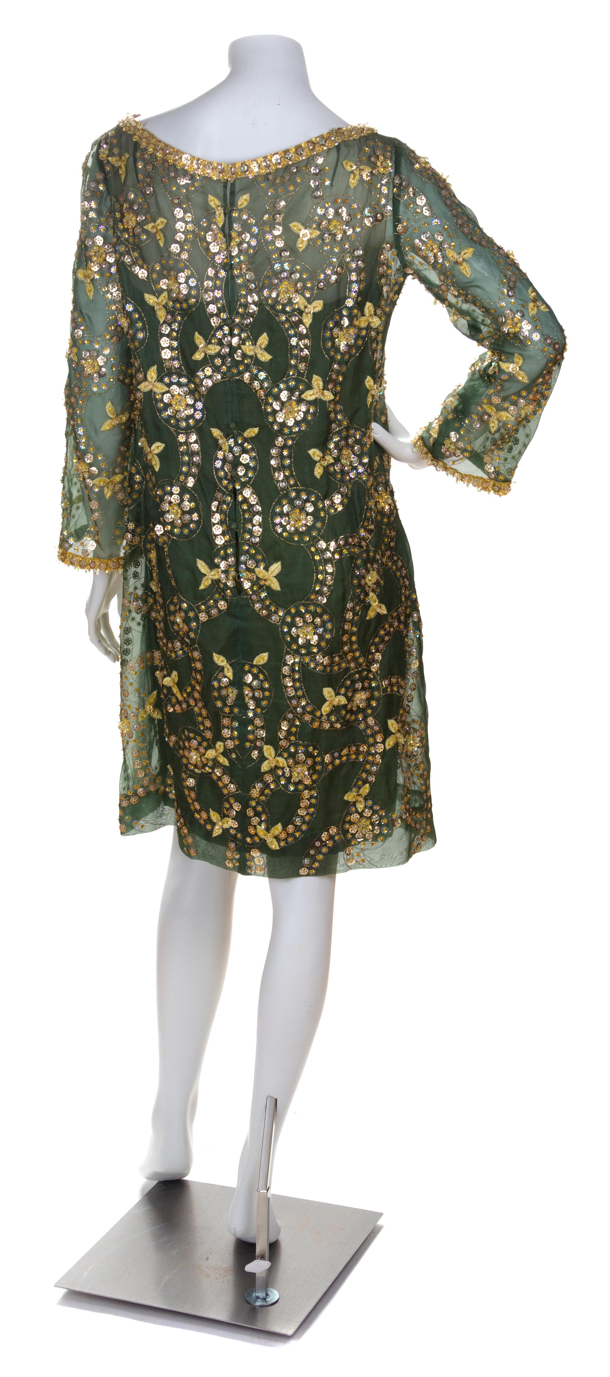 A Malcolm Starr Green Silk Sequin Cocktail Dress, No size.