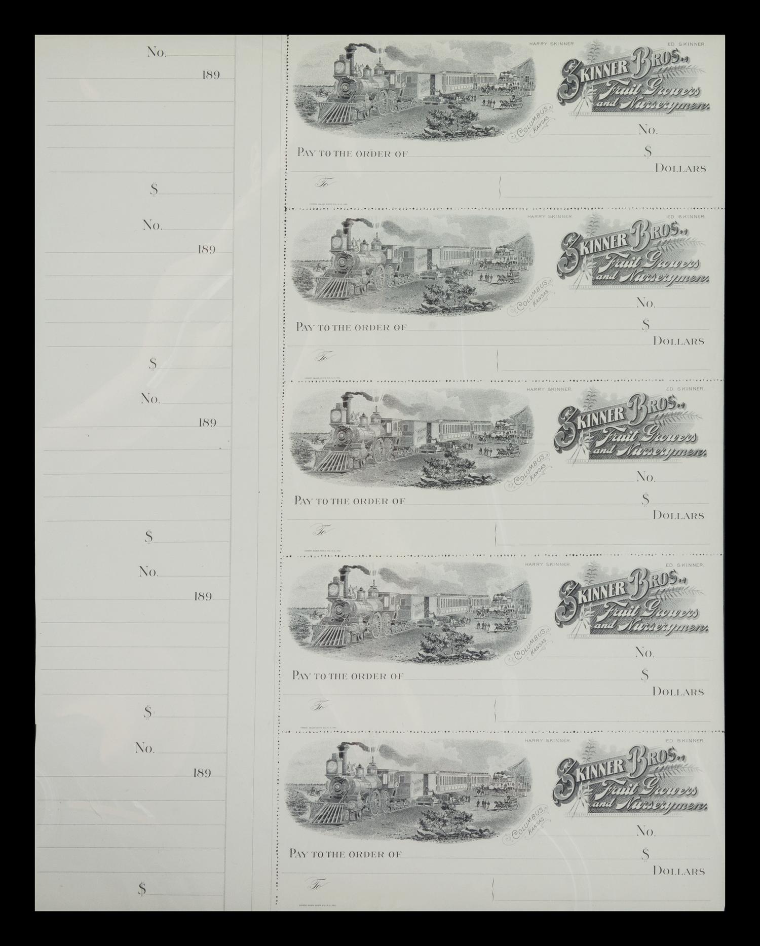 A Union Bank Note Co. Uncut Sheet of Five Checks