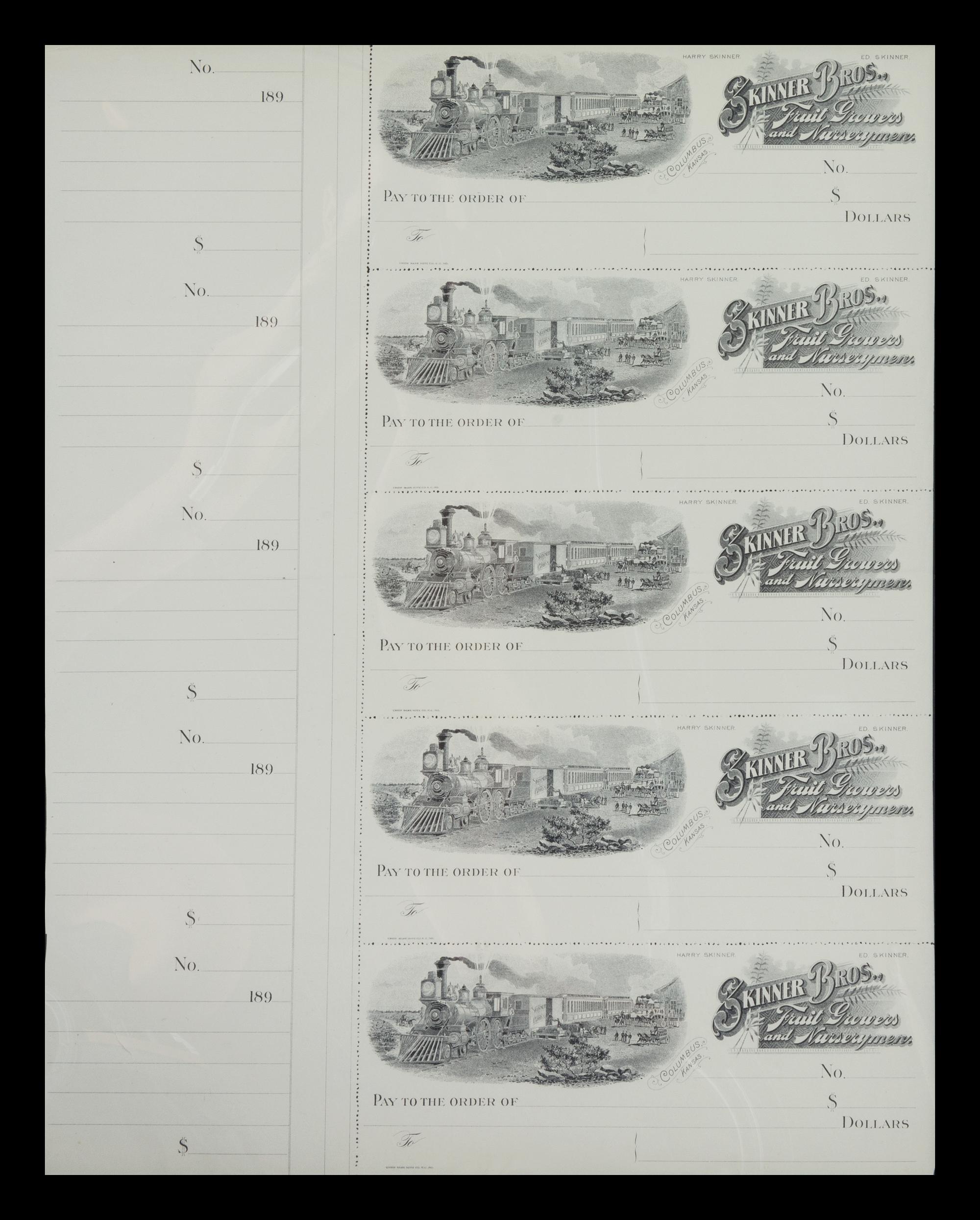 A Union Bank Note Co. Uncut Sheet of Five Checks