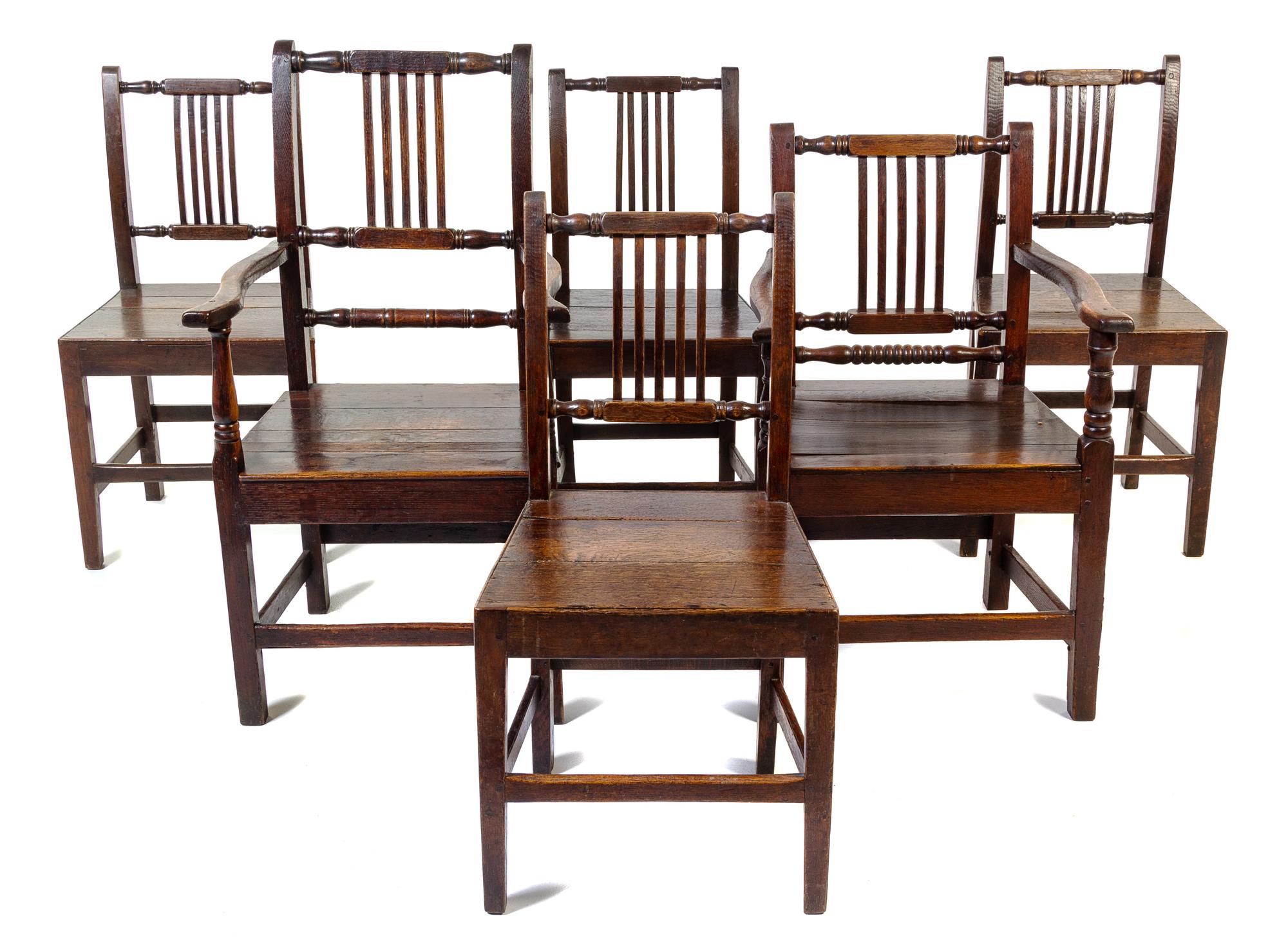 A Set of Six George III Provincial Oak Dining Chairs Height of tallest 37 inches. — LATE 18TH CENTURY