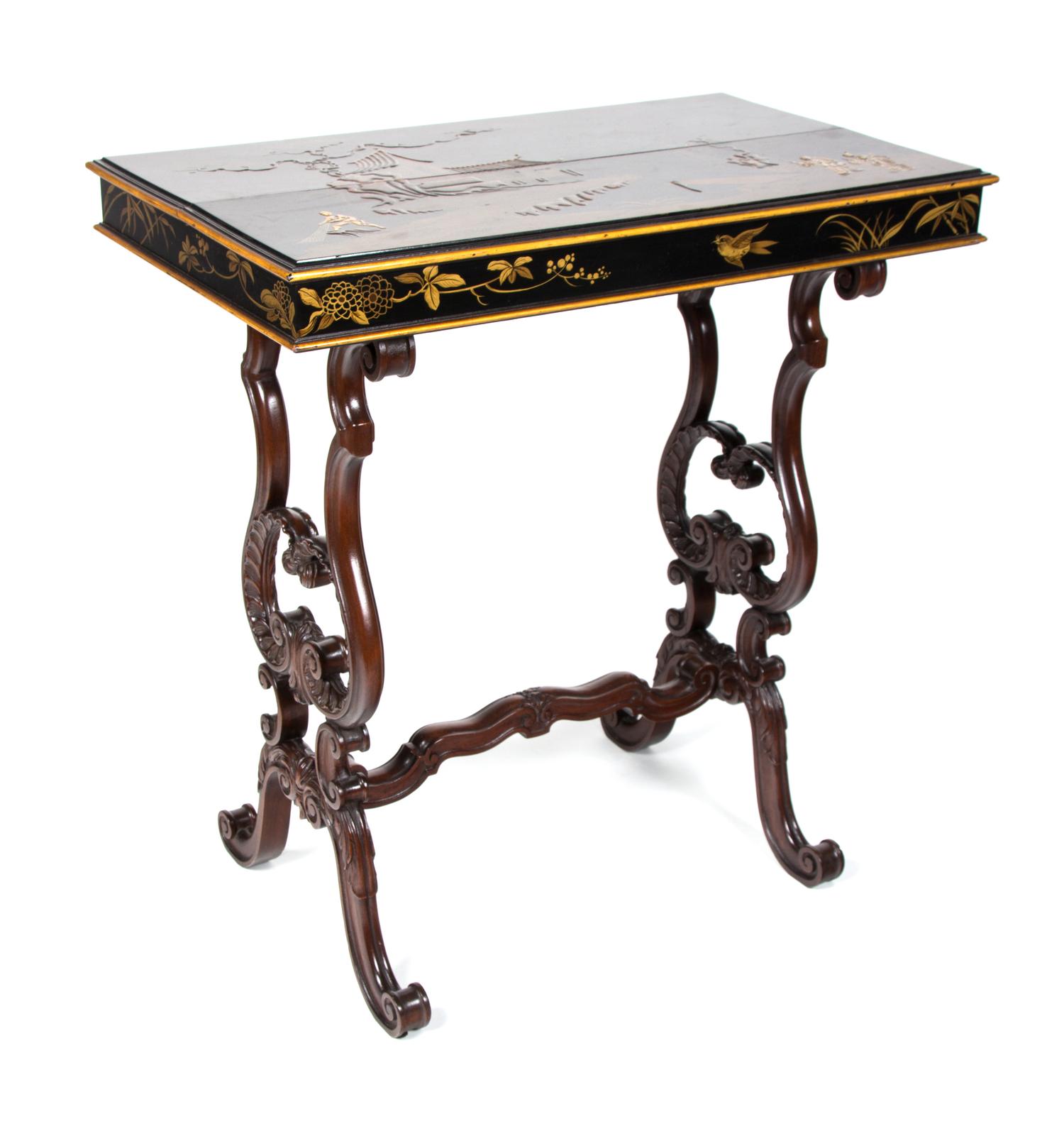 A Pair of Victorian Chinoiserie Lacquer Top Side Tables Height 28 1/2 x width 27 1/2 x depth 15 3/4 inches. — 19TH CENTURY