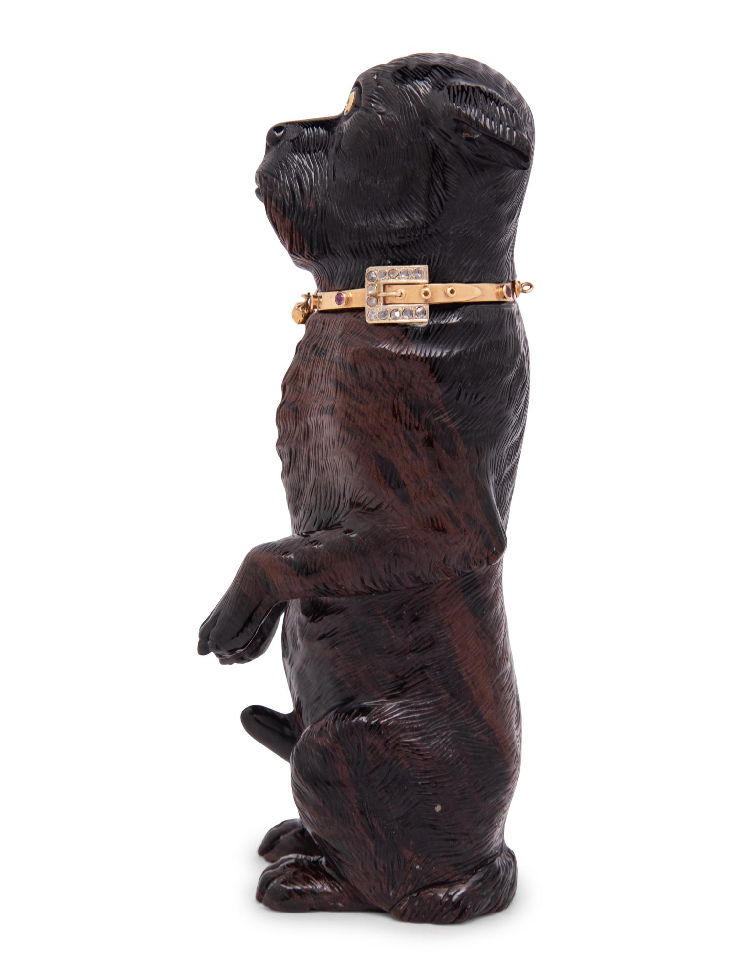 A Diamond and Ruby Inset Carved Hardstone Model of a Terrier