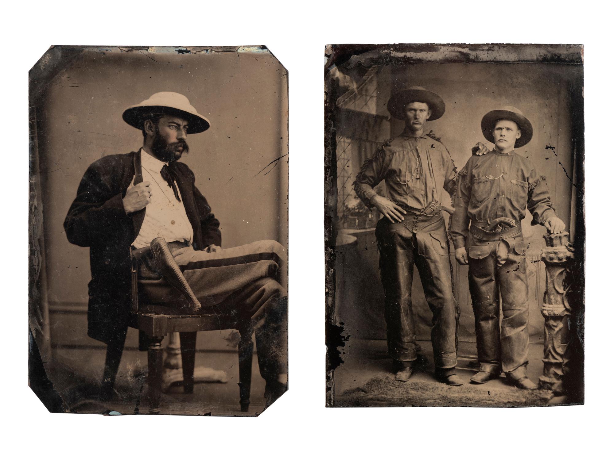 [WESTERN AMERICANA]. 3 tintypes of armed subjects, incl. frontiersman, soldier, and cowboys.