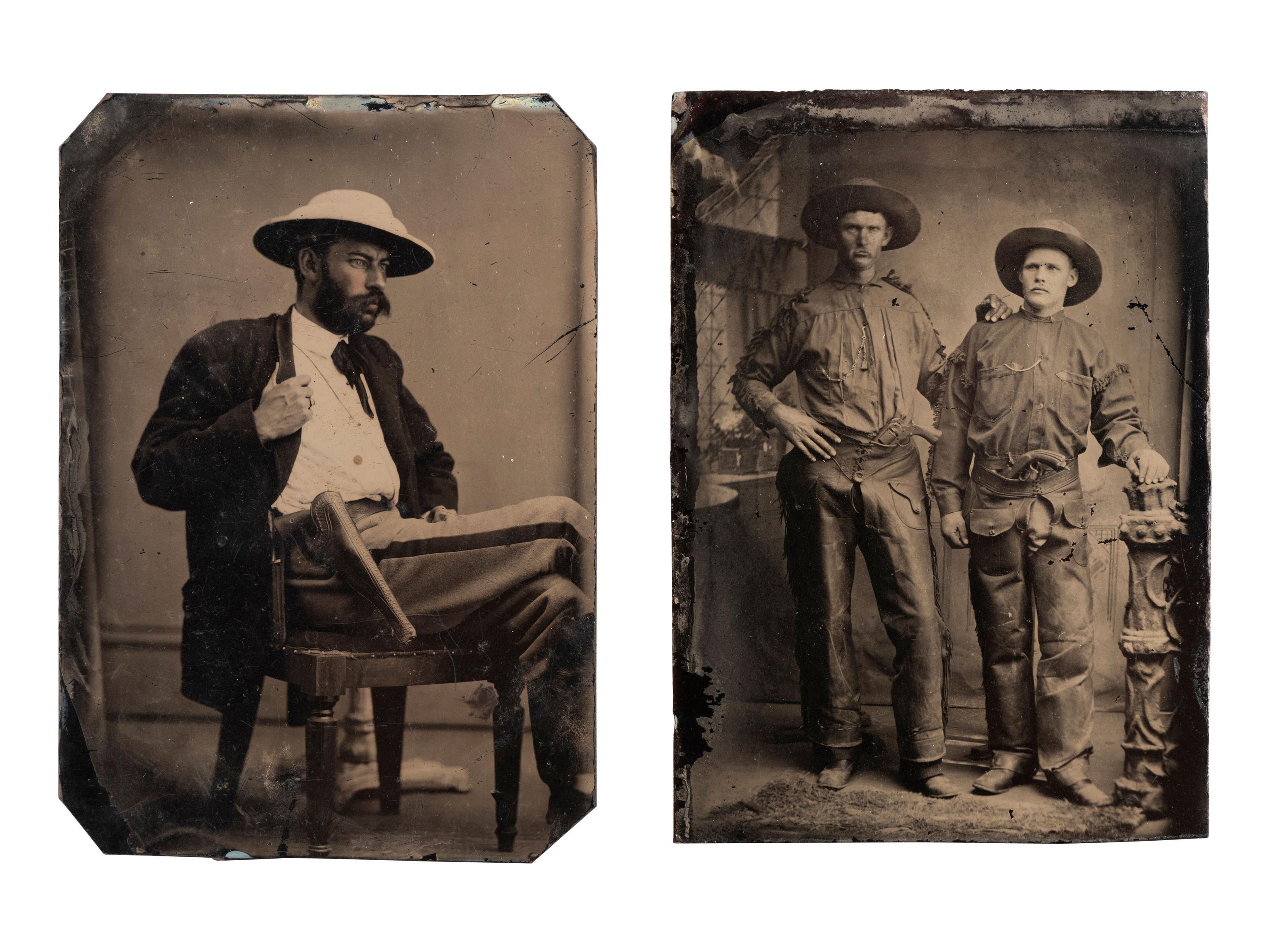 [WESTERN AMERICANA]. 3 tintypes of armed subjects, incl. frontiersman, soldier, and cowboys.