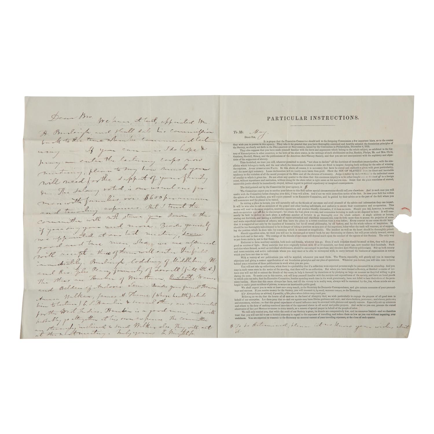 [African-Americana] Wright, Elizur, Jr., and Arthur Tappan. Rev. Samuel J. May's Partially-Printed American Anti-Slavery Society Executive Committee Commission for 1836