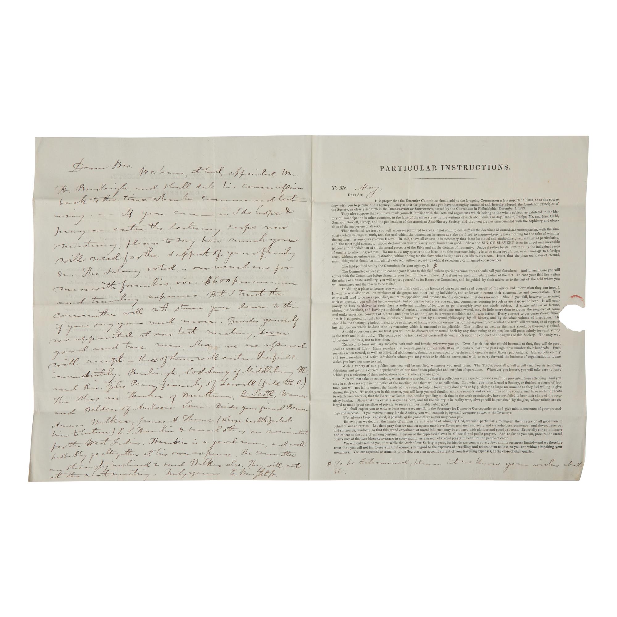 [African-Americana] Wright, Elizur, Jr., and Arthur Tappan. Rev. Samuel J. May's Partially-Printed American Anti-Slavery Society Executive Committee Commission for 1836