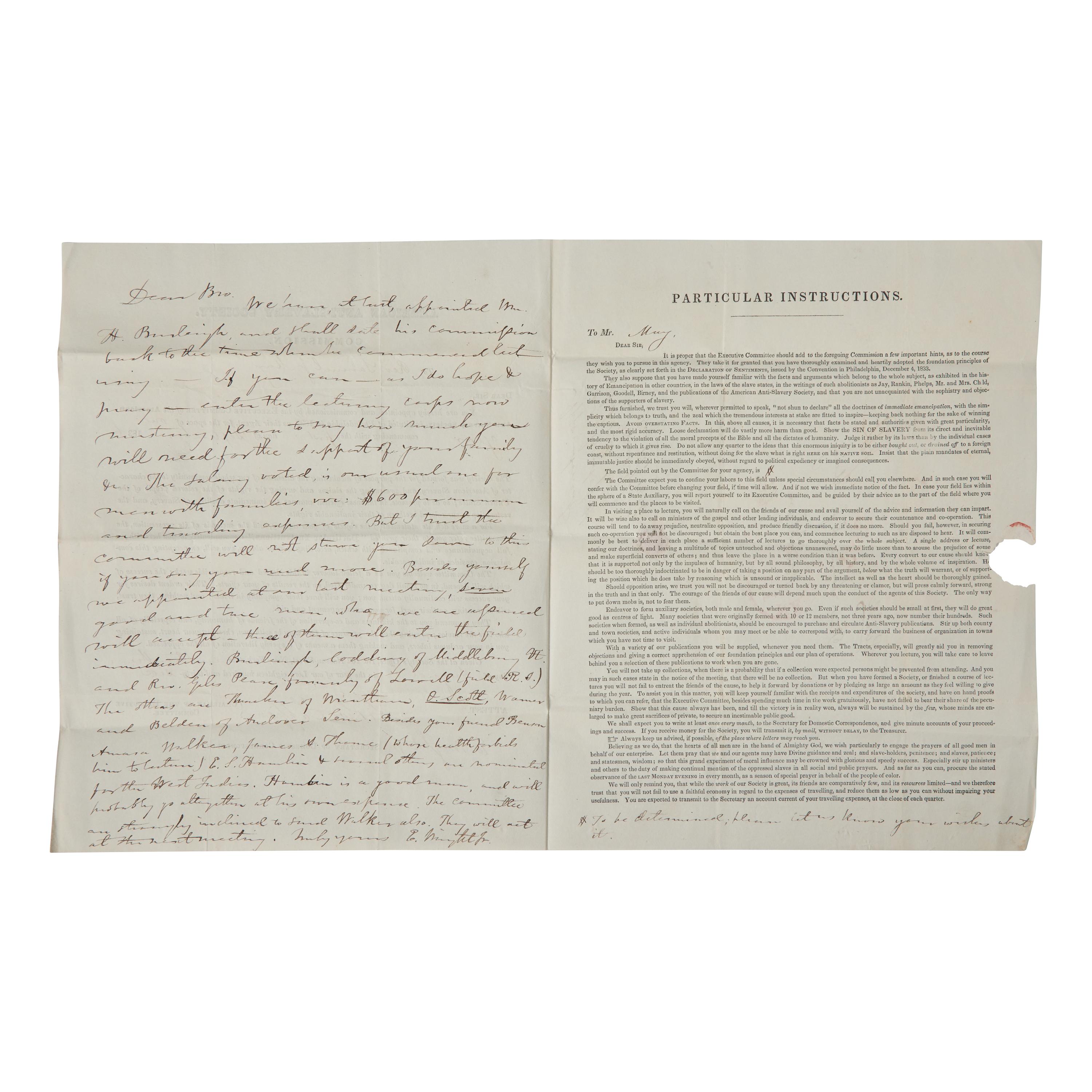 [African-Americana] Wright, Elizur, Jr., and Arthur Tappan. Rev. Samuel J. May's Partially-Printed American Anti-Slavery Society Executive Committee Commission for 1836
