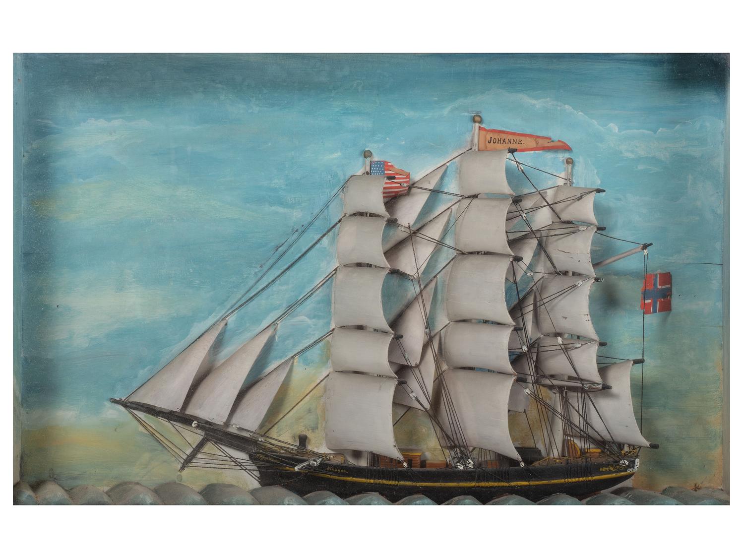A Carved and Painted Wood Ship Diorama