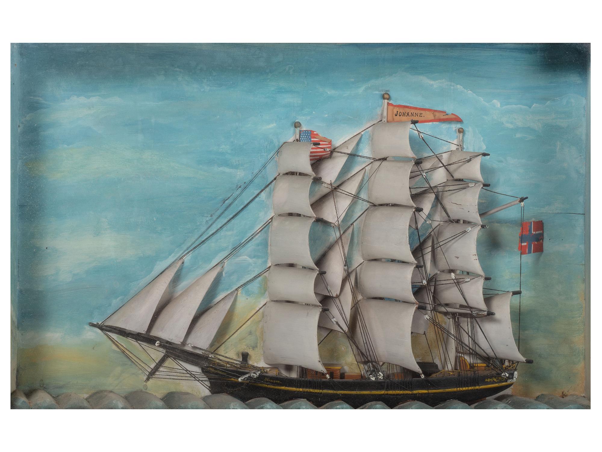 A Carved and Painted Wood Ship Diorama