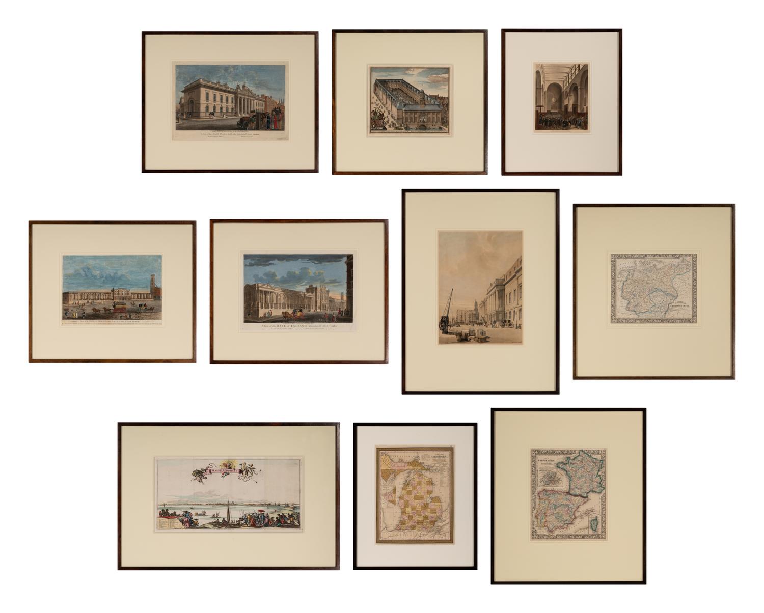 [ENGRAVINGS]. A group of 10 hand-colored views and maps, comprising:
