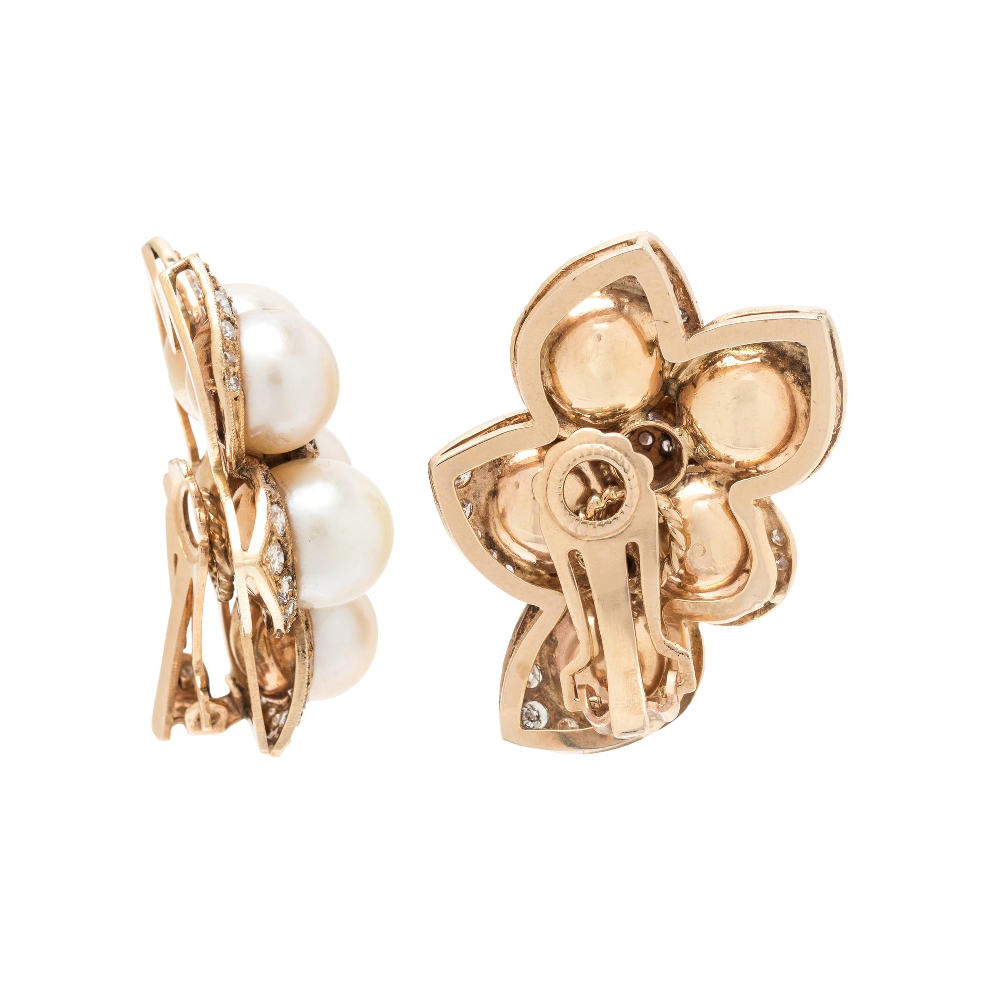 CULTURED PEARL AND DIAMOND EARCLIPS