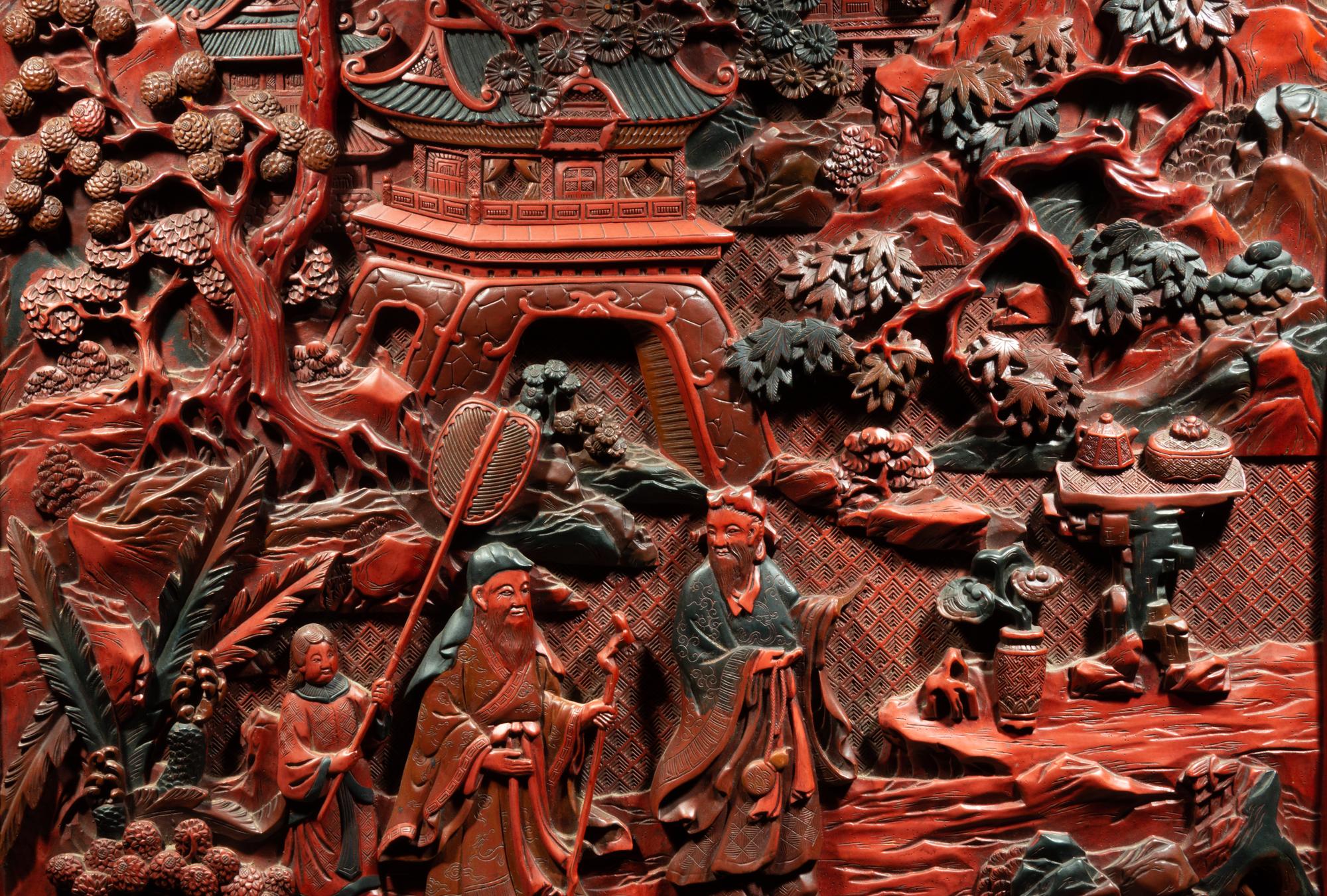 A Large Chinese Cinnabar Lacquer 'Figure' Panel