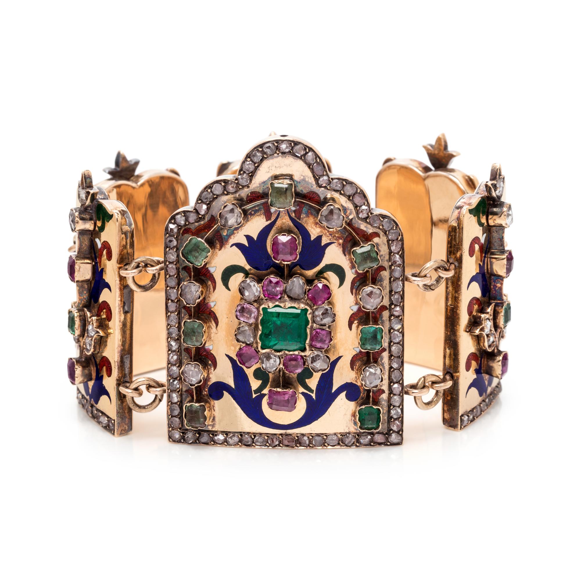 ANTIQUE, DIAMOND, MULTIGEM AND POLYCHROME ENAMEL BRACELET