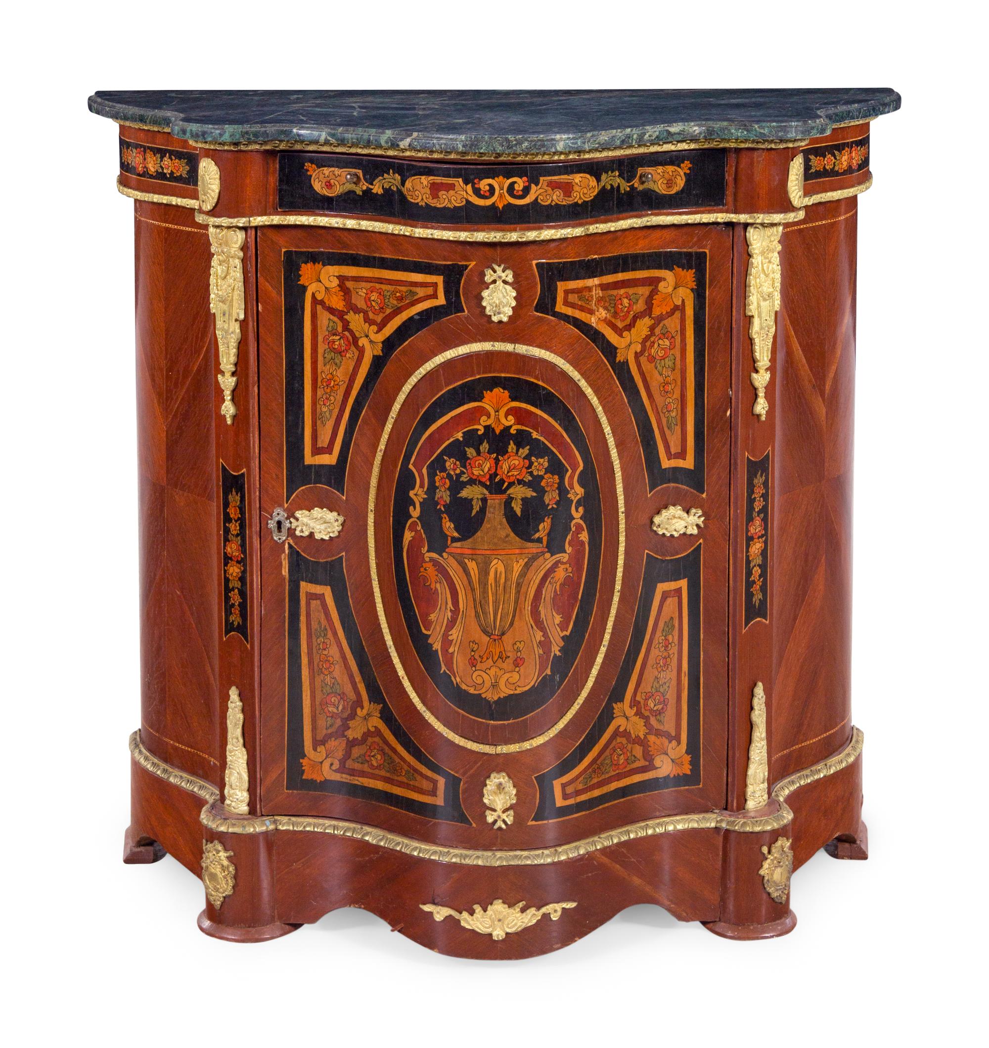 A Napoleon III Style Marquetry Marble-Top Cabinet