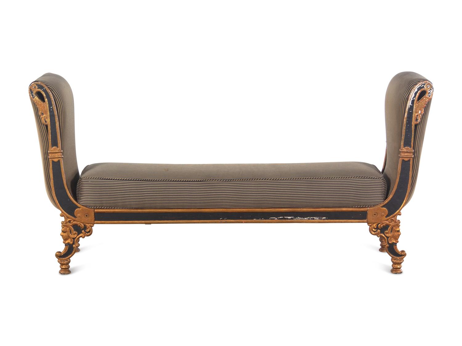 An Empire Style Painted and Parcel Gilt Metal Bench