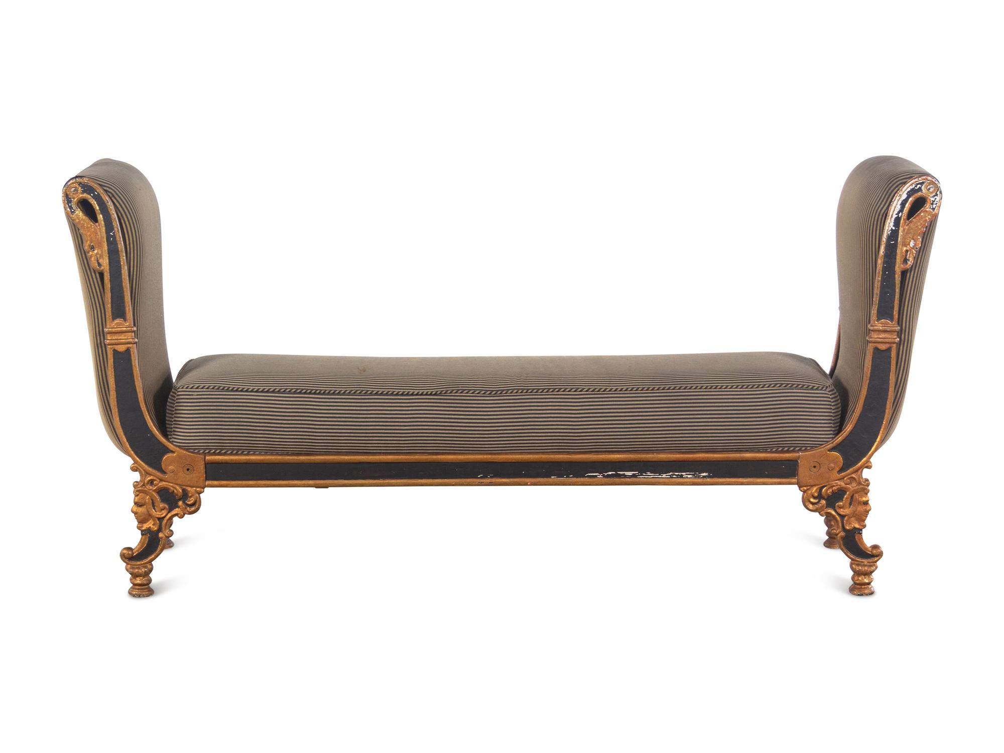 An Empire Style Painted and Parcel Gilt Metal Bench