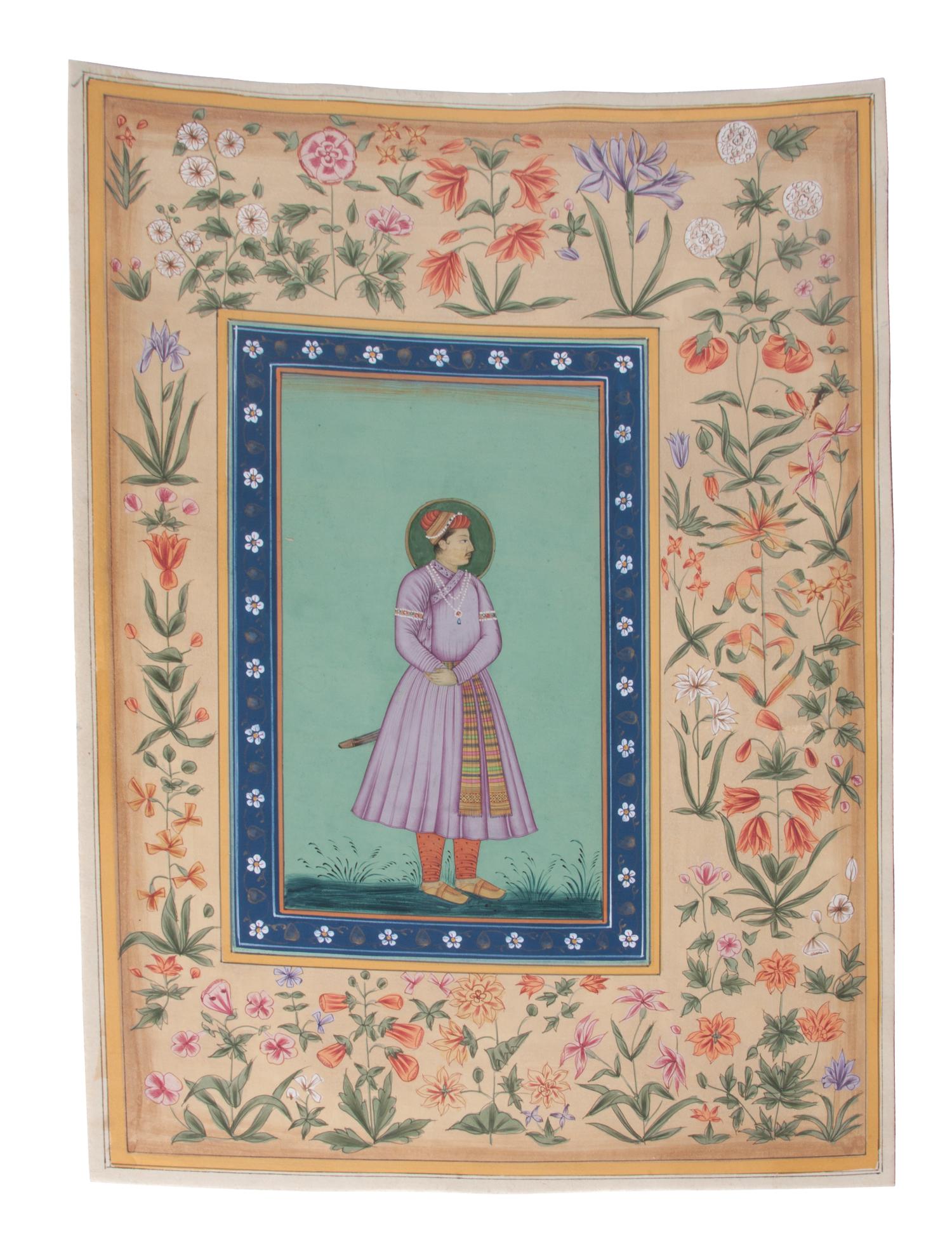 A Collection of Seven Indian Mughal Miniatures Height of largest 13 x width 9 inches.