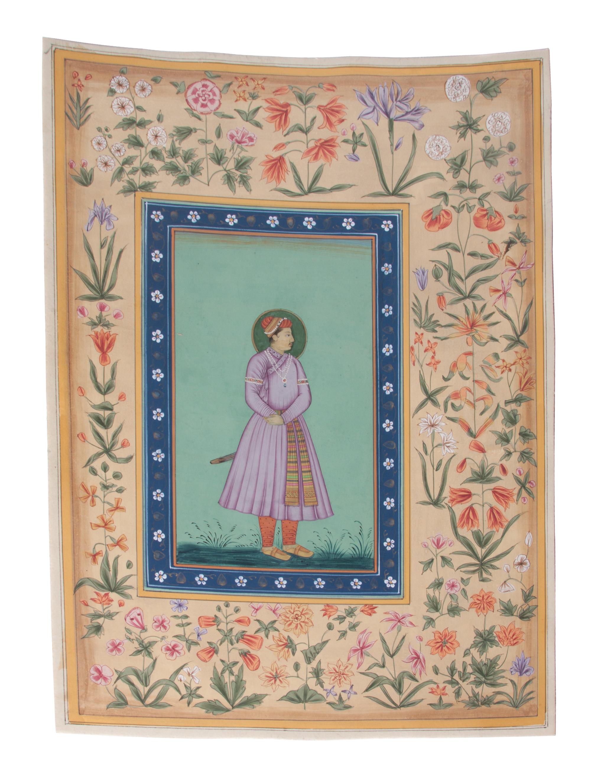 A Collection of Seven Indian Mughal Miniatures Height of largest 13 x width 9 inches.