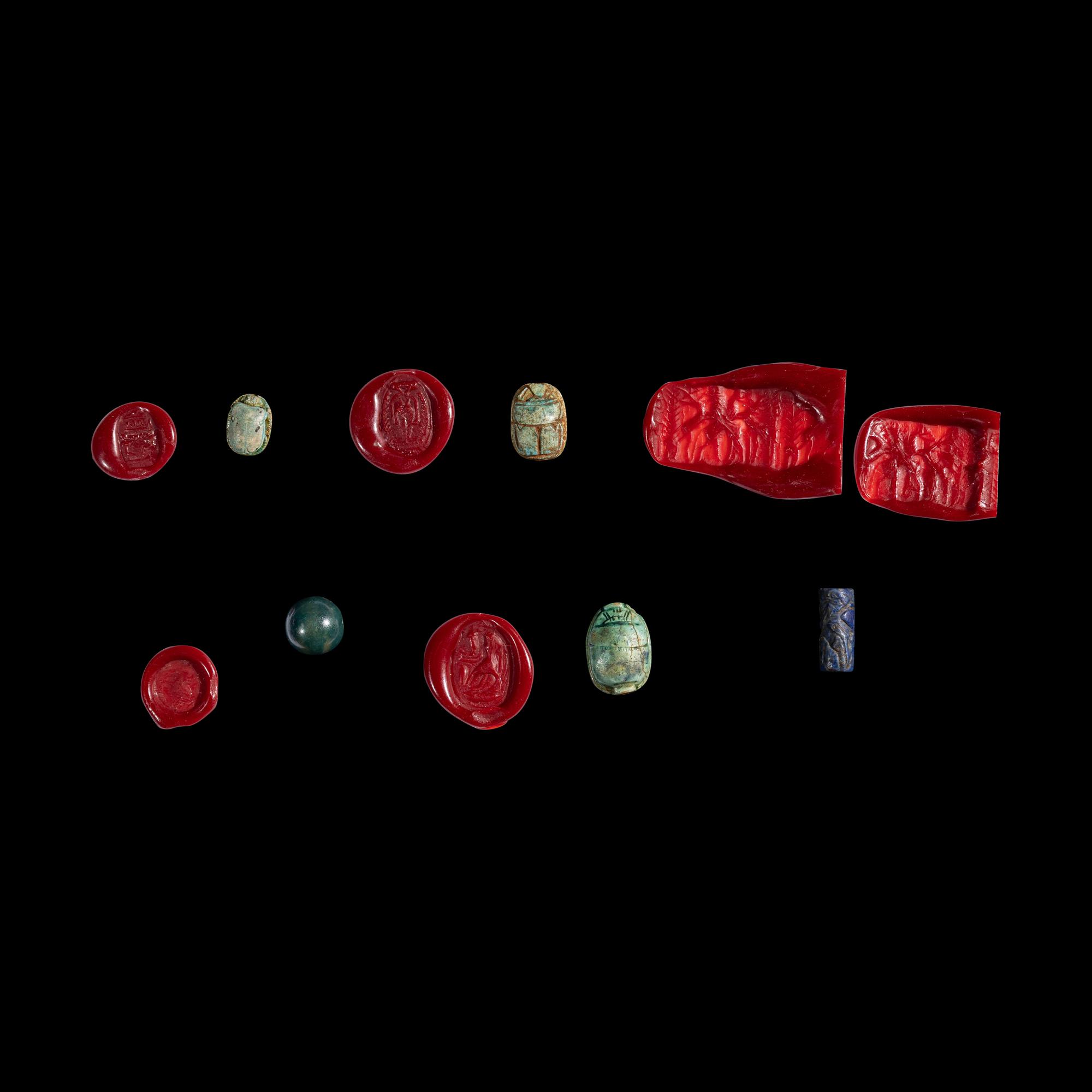 A Group of 3 Egyptian Faience Scarabs and 2 Near Eastern Stone Seals