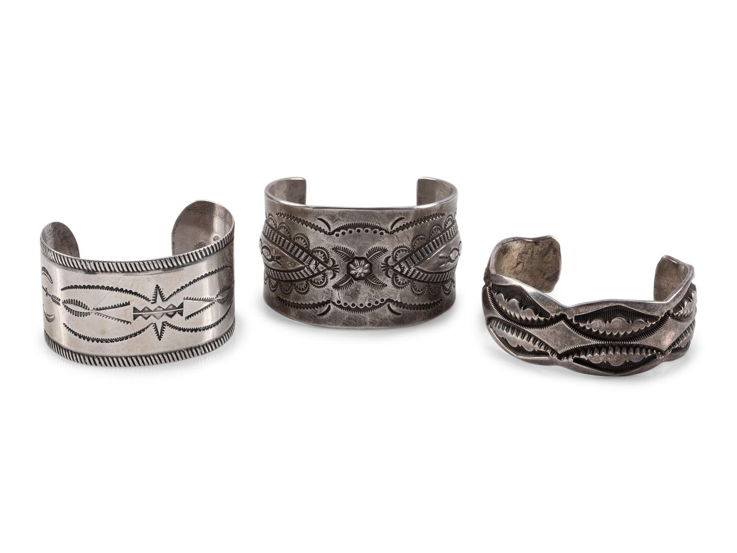 Navajo and Apache Heavily Stamped Sterling Silver and Ingot Cuff Bracelets