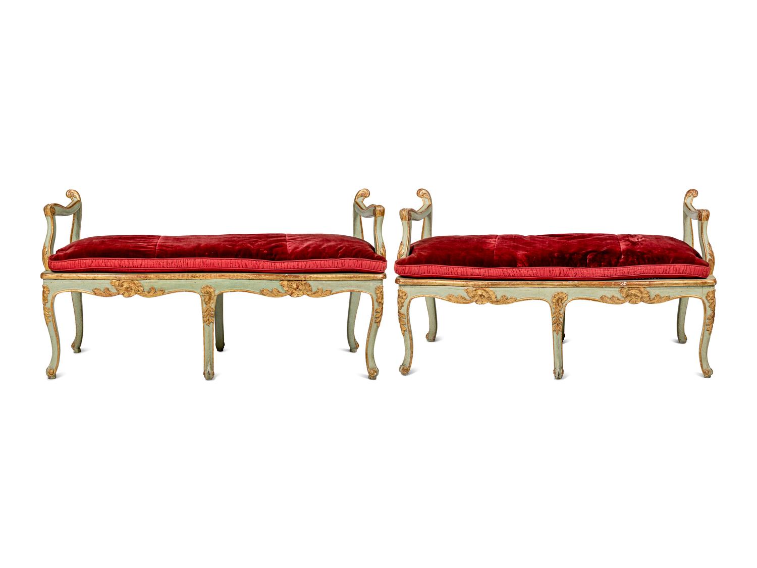 A Pair of Louis XV Green-Painted and Parcel-Gilt Cane Seat Window Benches