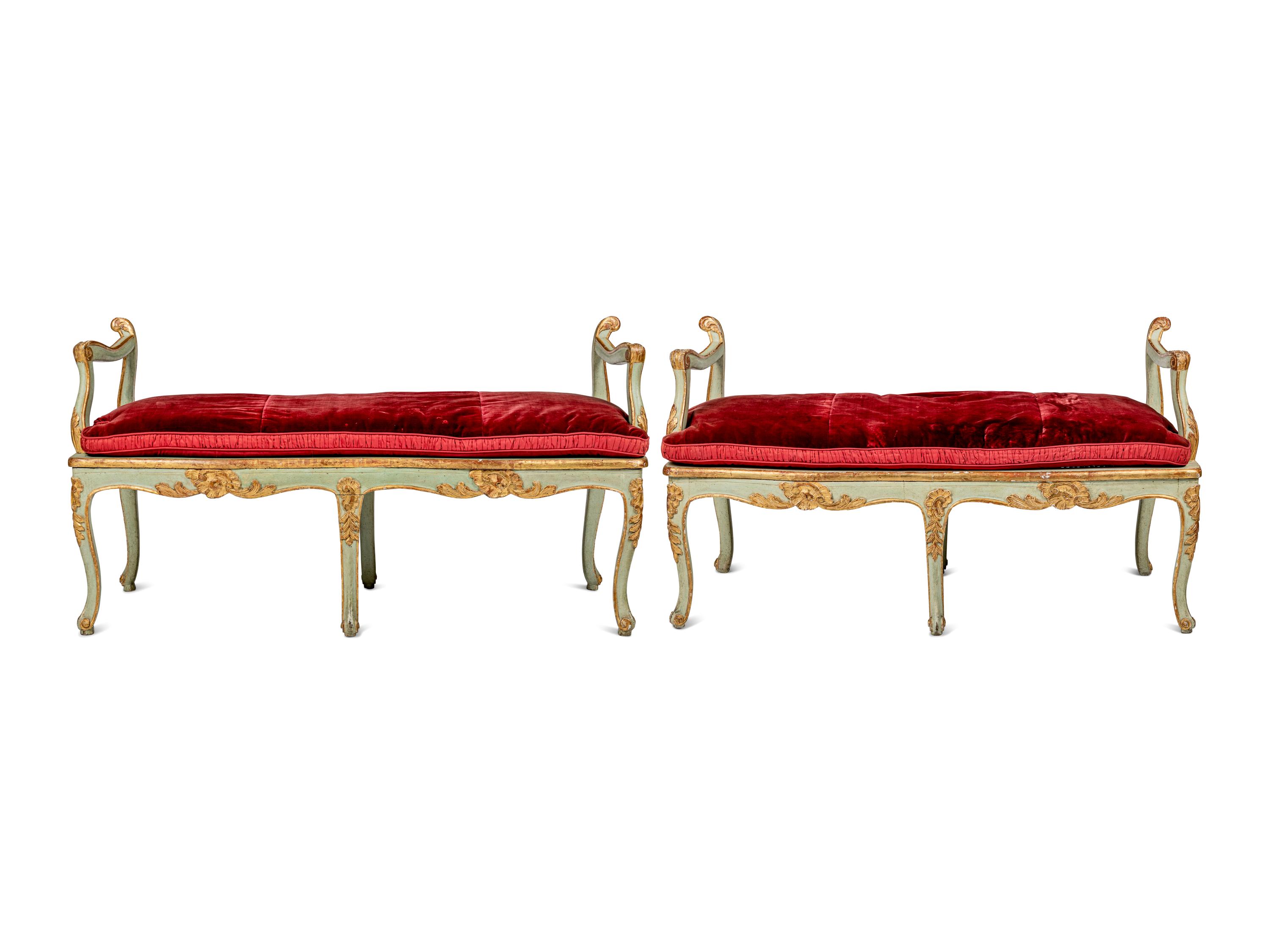 A Pair of Louis XV Green-Painted and Parcel-Gilt Cane Seat Window Benches