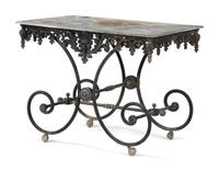 Two Wrought Iron Marble Top Console Tables