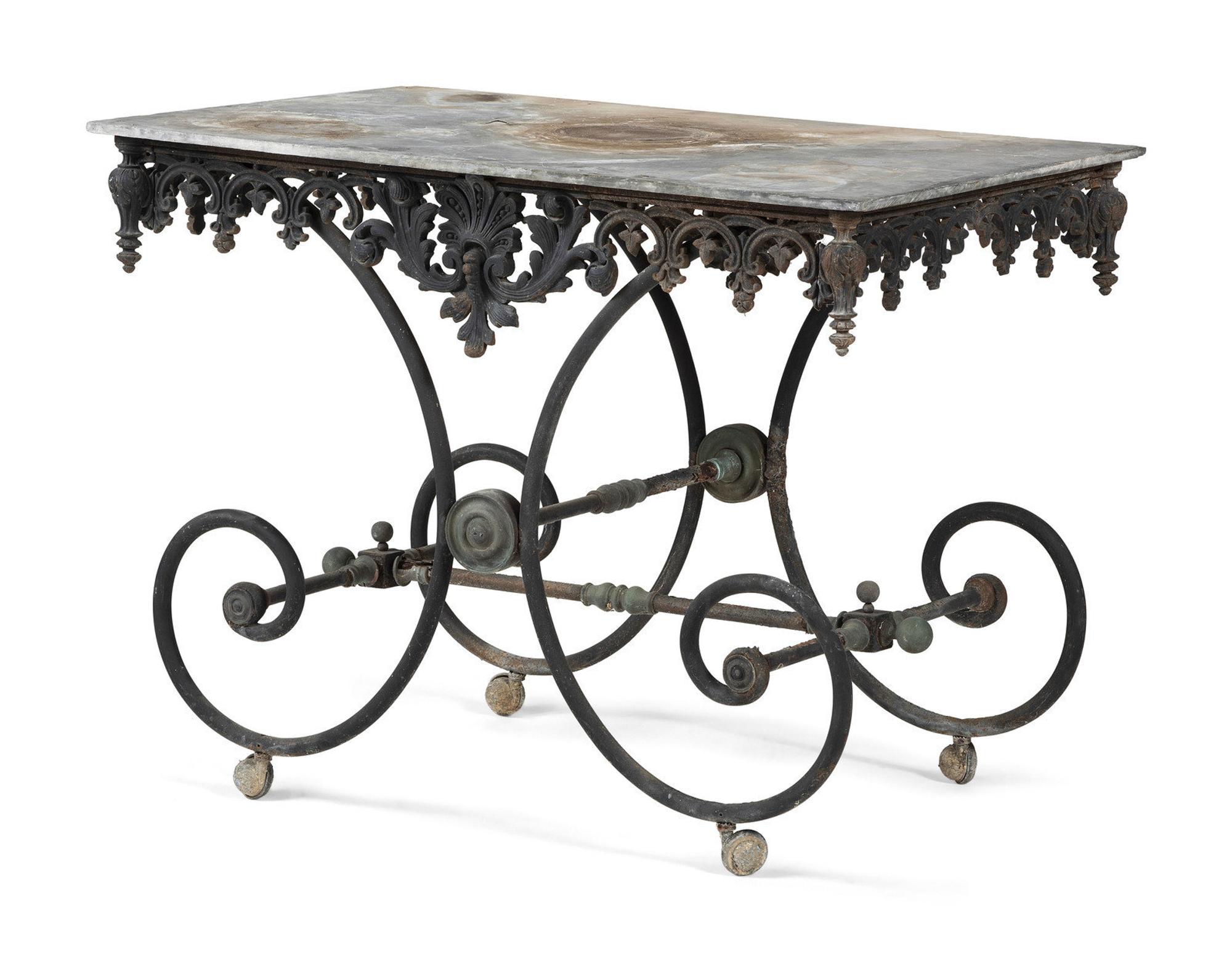 Two Wrought Iron Marble Top Console Tables