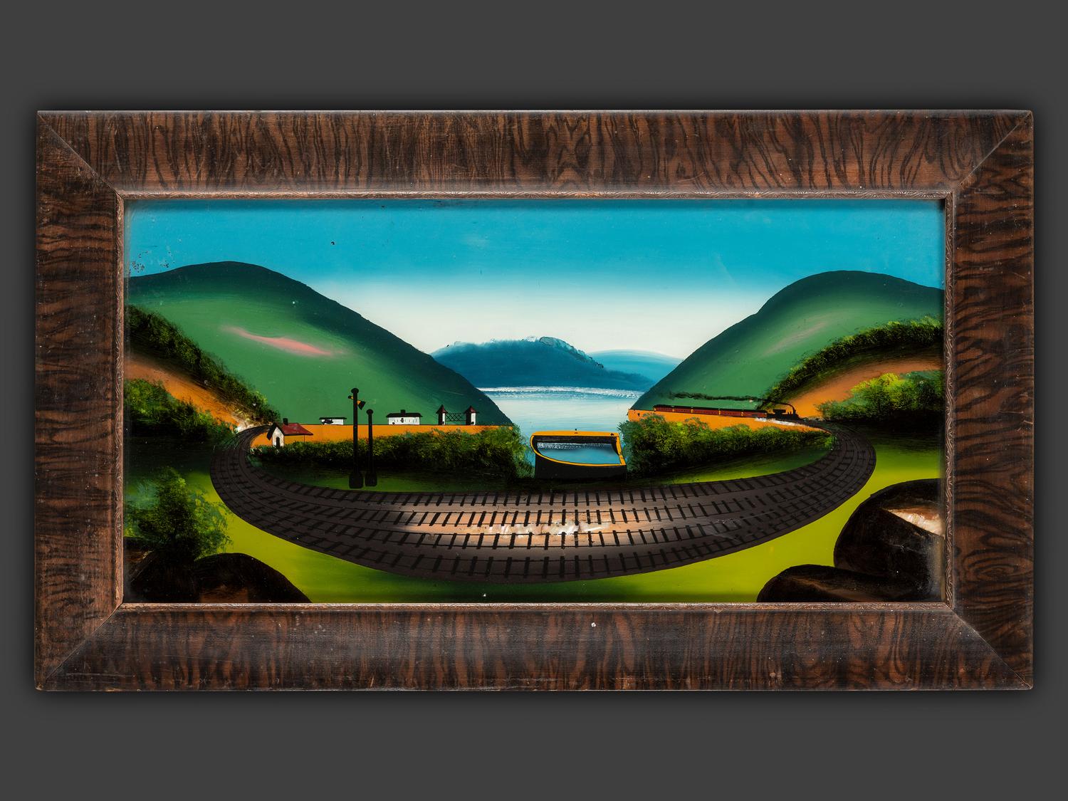 A Reverse-Painted Glass Panel of a Train in a Landscape