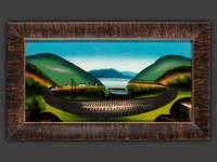 A Reverse-Painted Glass Panel of a Train in a Landscape