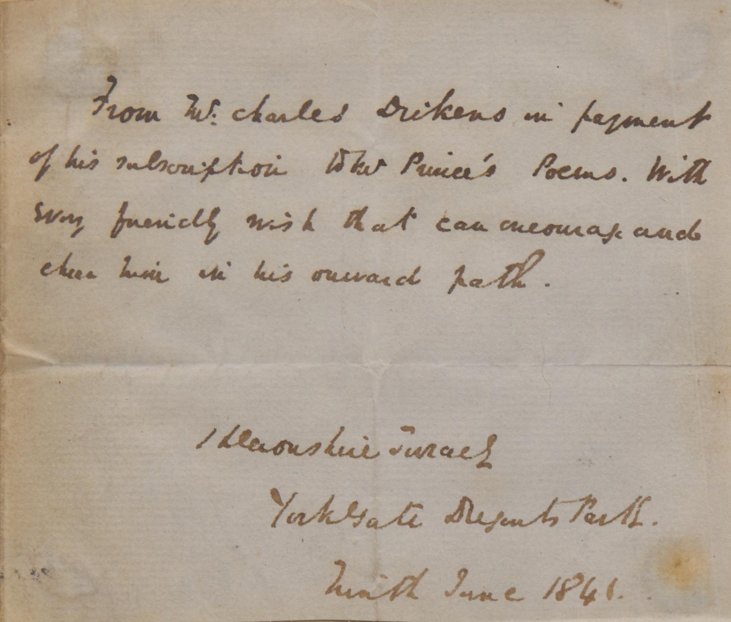 [Literature] Dickens, Charles. Autograph Note