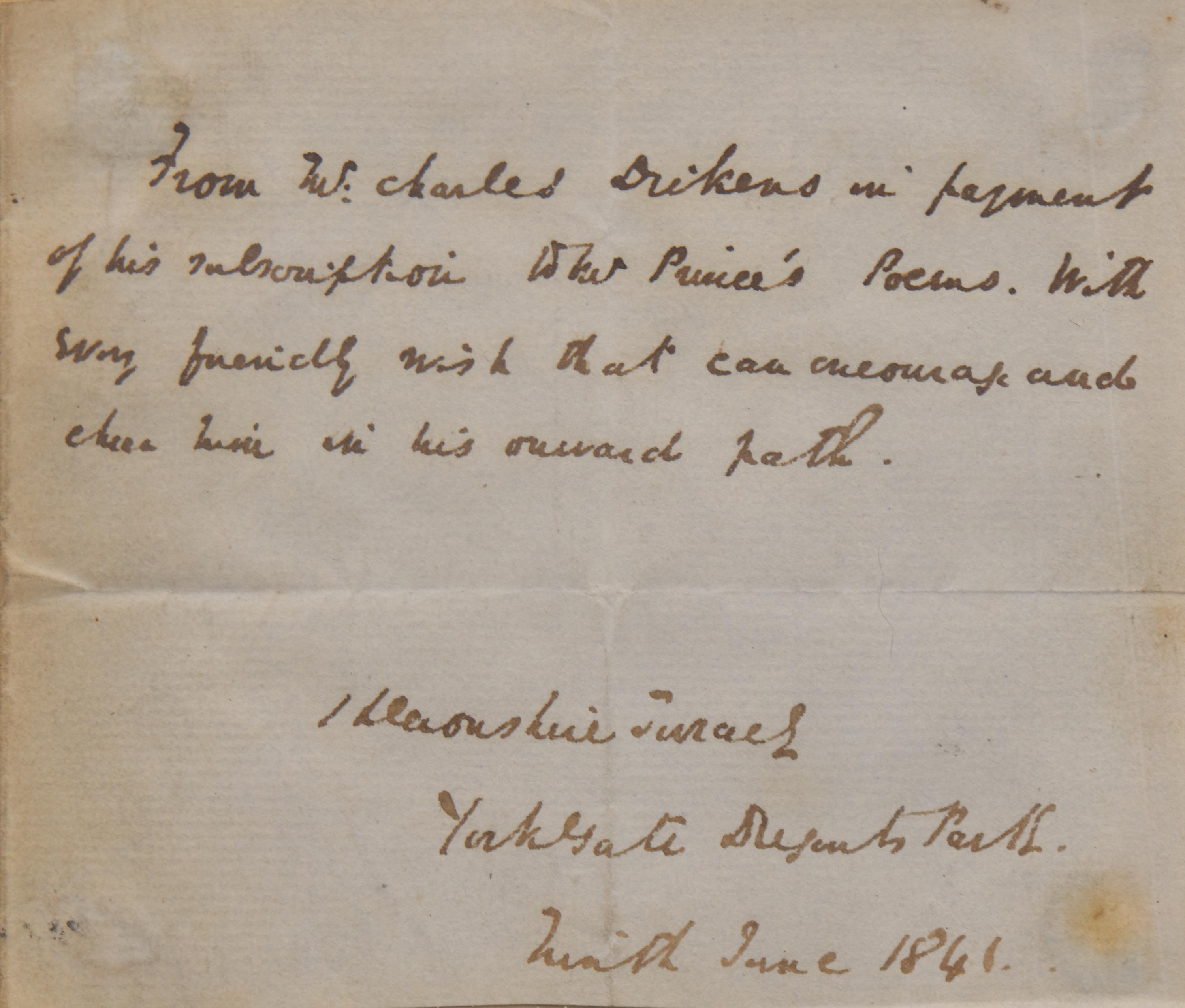 [Literature] Dickens, Charles. Autograph Note
