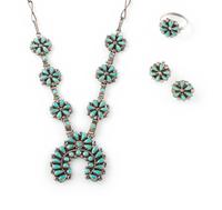 Silver and Petit Point Turquoise Squash Blosom Choker, with Matching Ring and Post Earrings