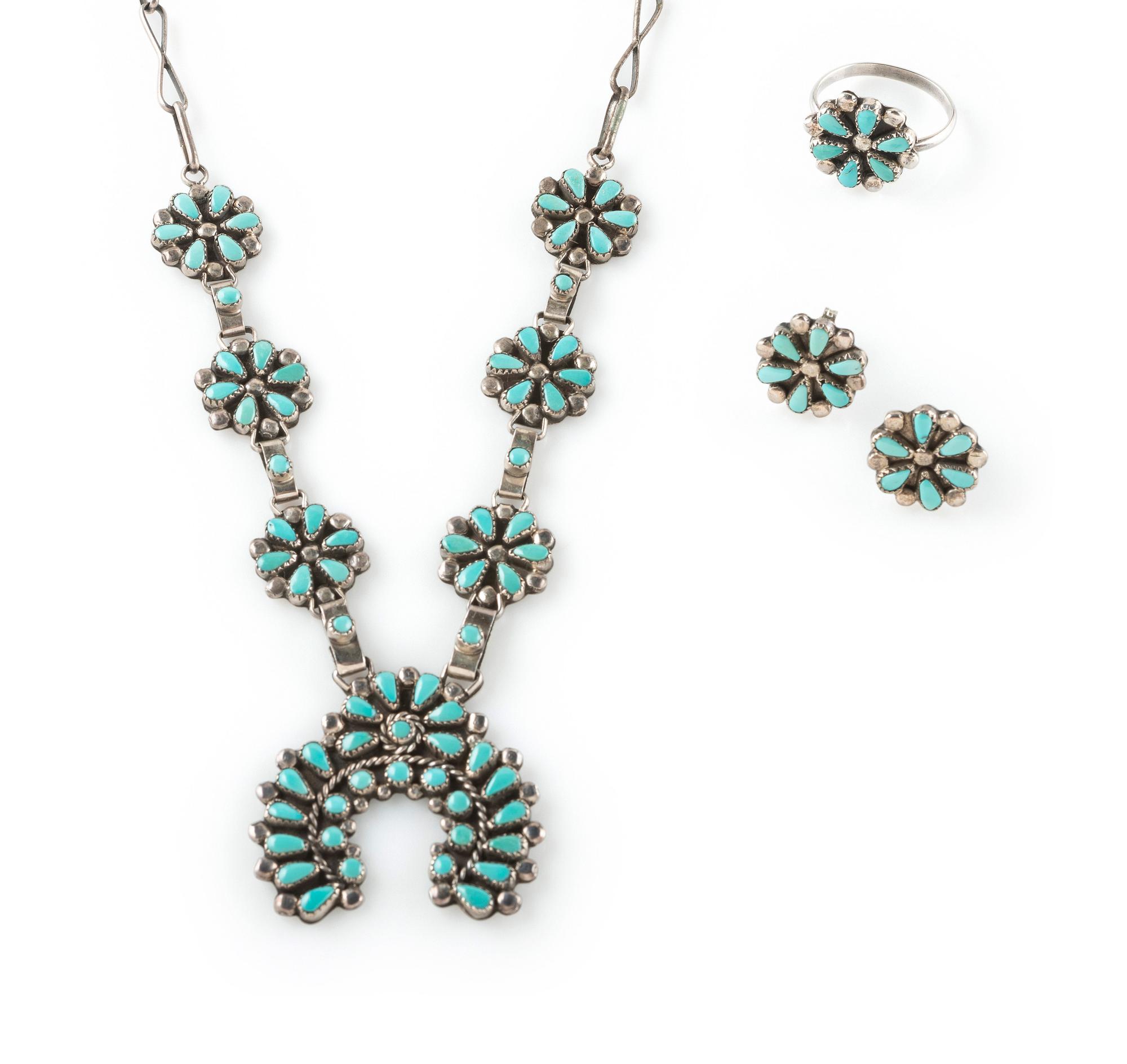 Silver and Petit Point Turquoise Squash Blosom Choker, with Matching Ring and Post Earrings