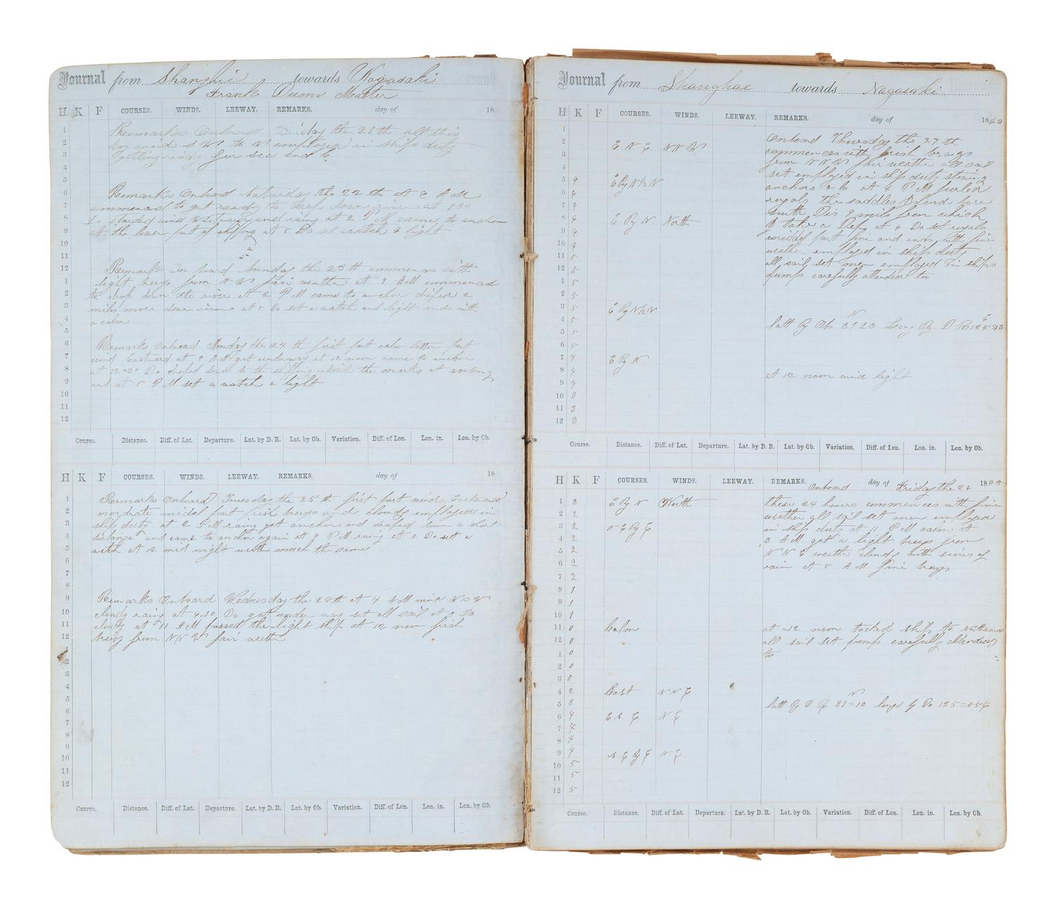 [MARITIME]. Log of the Barques Wavelet , Looling , and J.H. Wills documenting journeys in East Asia, ca 1862-1865. [ With: ] Notebook containing sea shanties and sketches of ships, ca 1862-63.