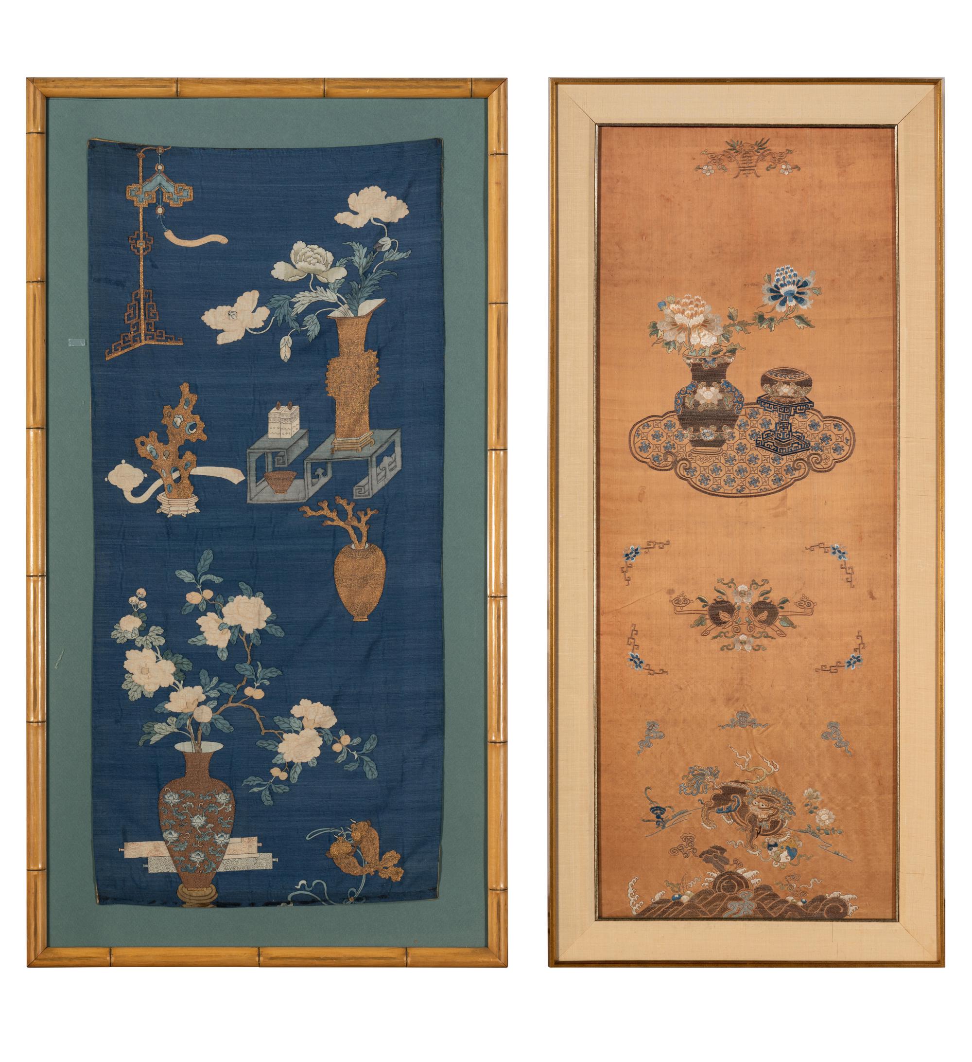 Two Chinese 'Bogu' Silk Panels