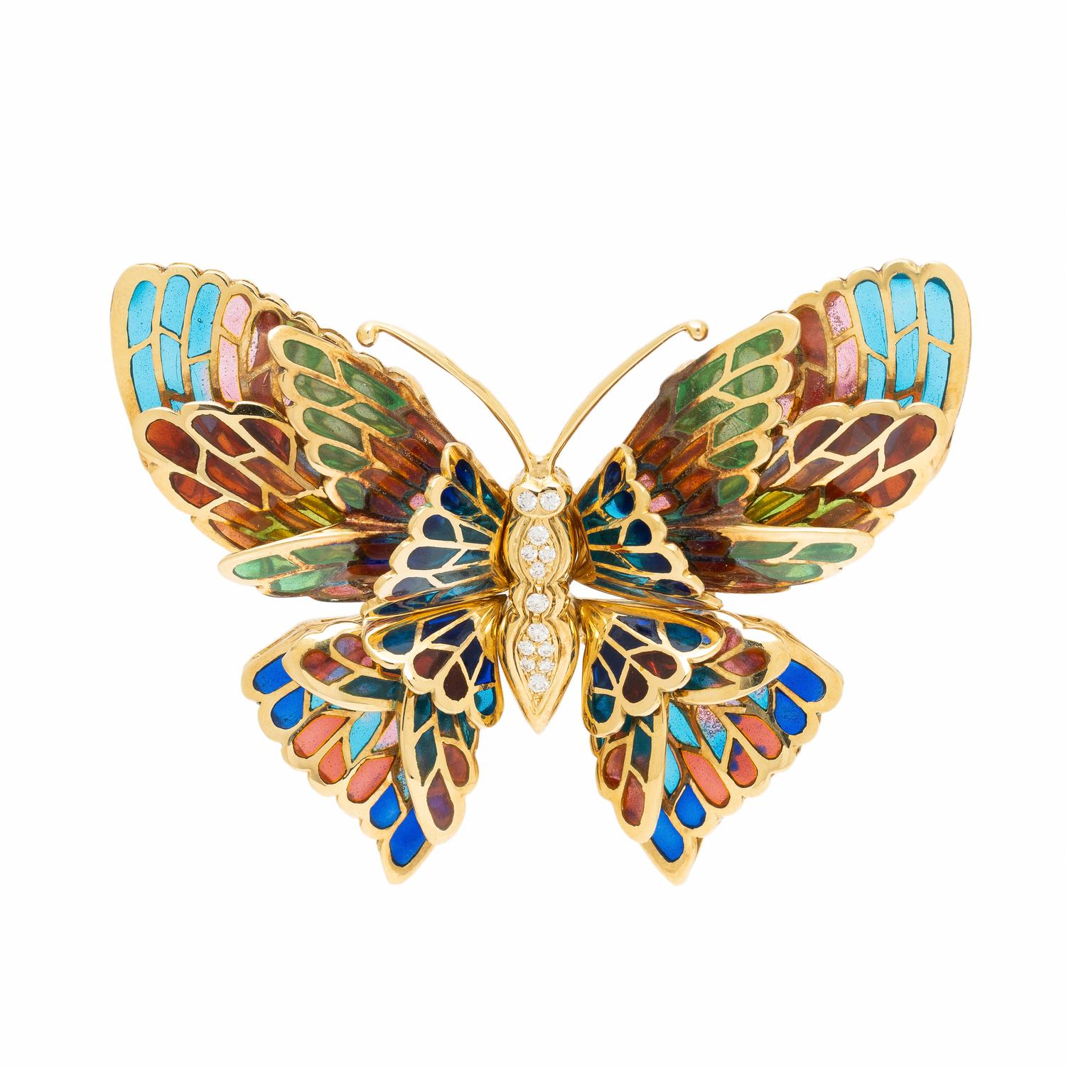 ENAMEL, DIAMOND, AND YELLOW GOLD BUTTERFLY BROOCH