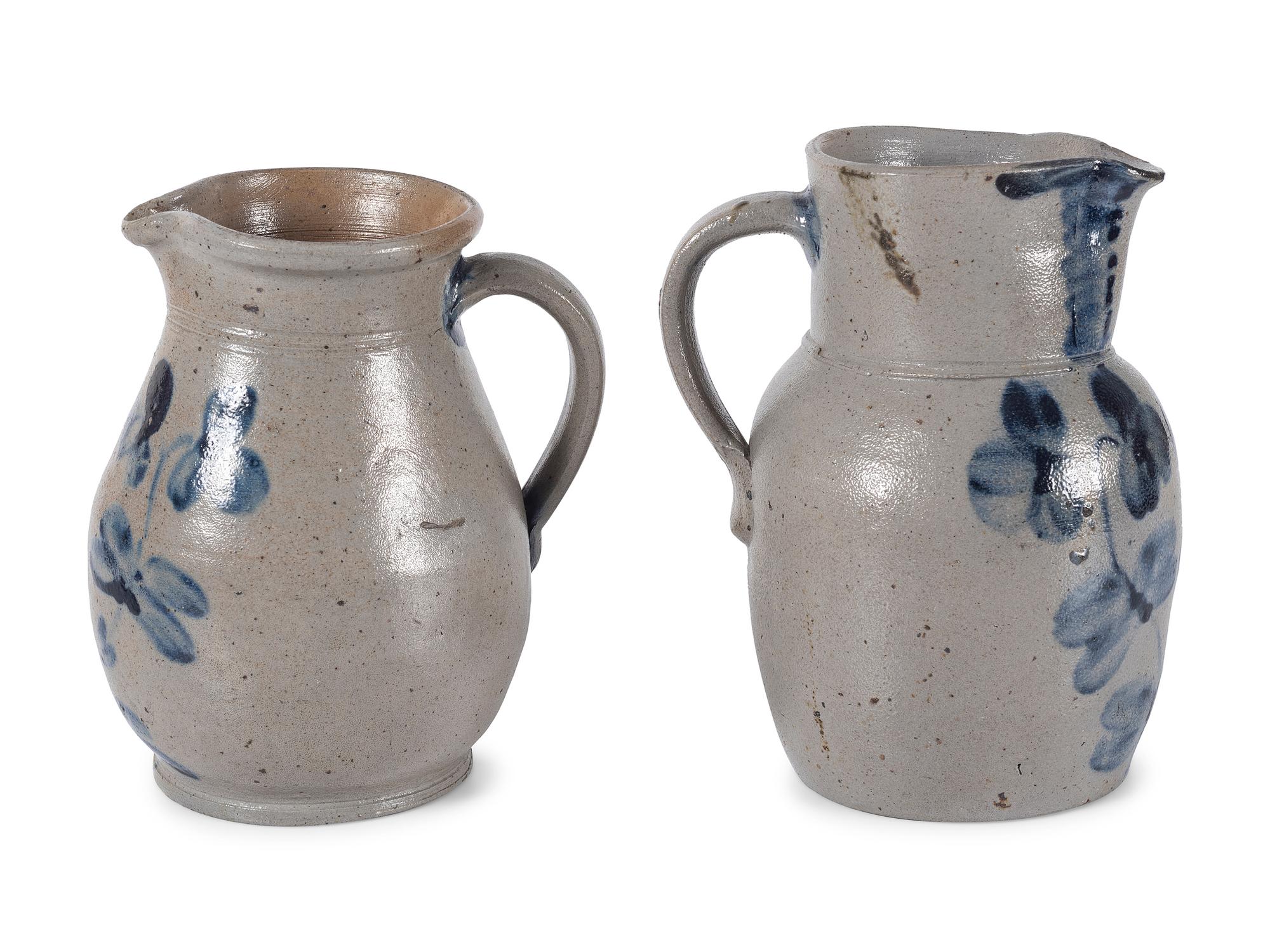 Two Cobalt Decorated Stoneware Pitchers