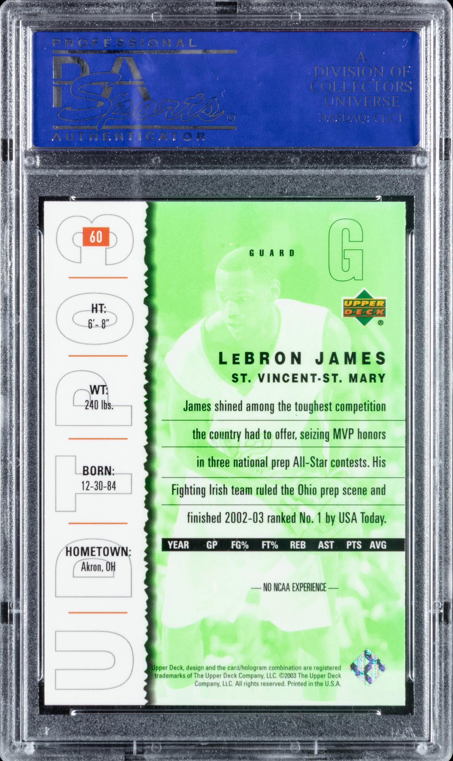 A 2003 Upper Deck Top Prospects LeBron James Rookie Basketball Card No. 60 (PSA 10 GEM MINT)