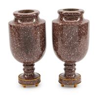 A Pair of Neoclassical Style Bronze-Mounted Porphyry Urns