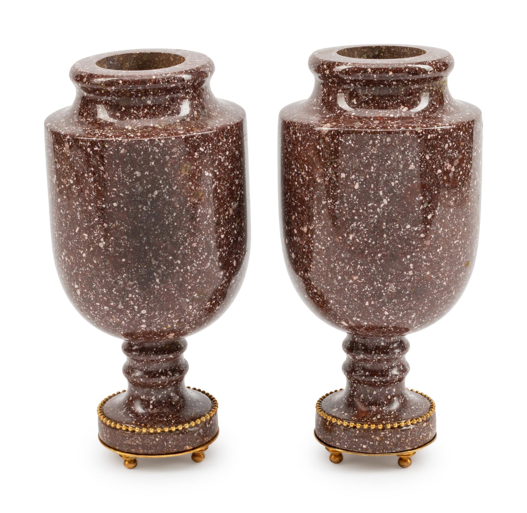 A Pair of Neoclassical Style Bronze-Mounted Porphyry Urns