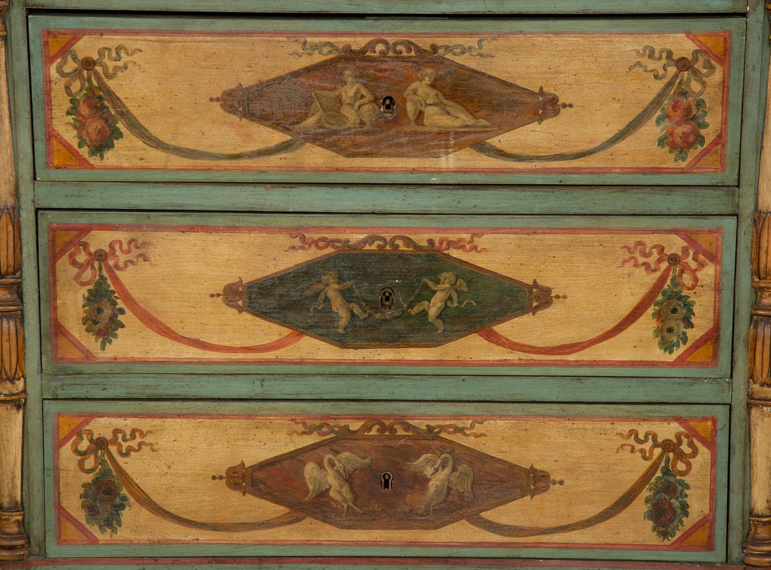 A Pair of Italian Painted Commodini with Marble Tops