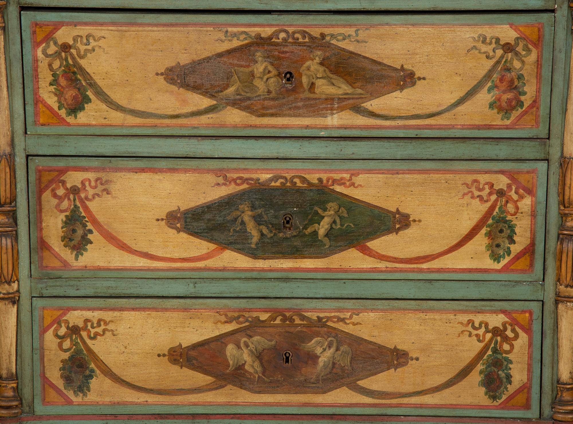 A Pair of Italian Painted Commodini with Marble Tops