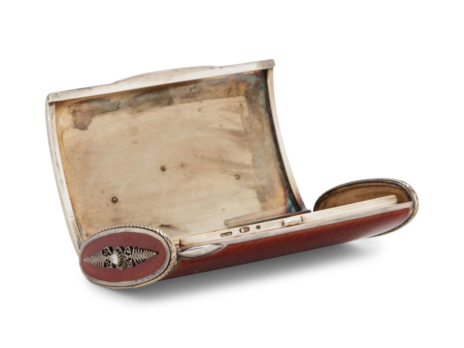 A Fabergé Style Enameled Silver and Diamond Mounted Cigarette Case