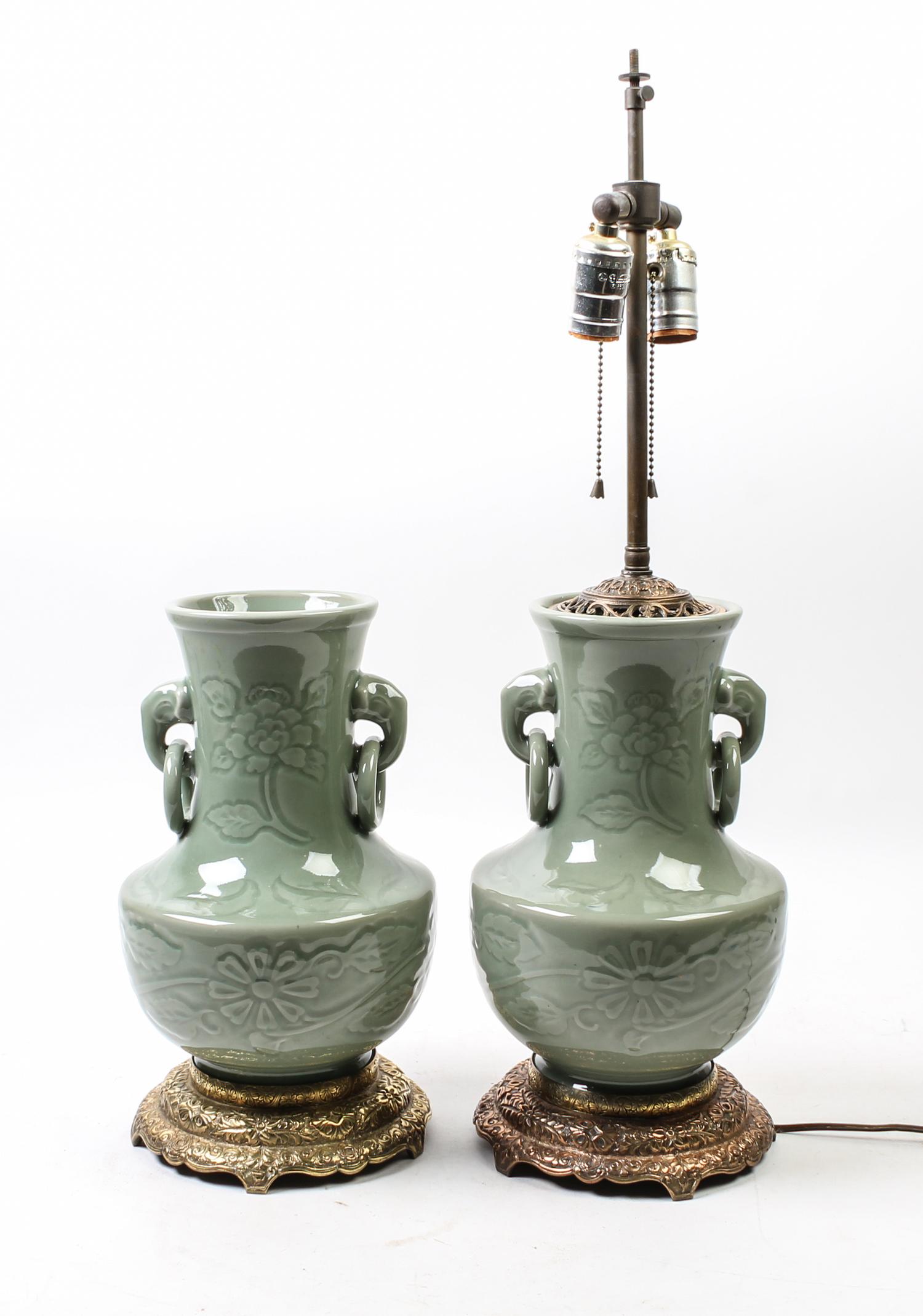 A Pair of Chinese Green Glazed Porcelain Vases Height of vases 11 1/4 inches. — 20TH CENTURY