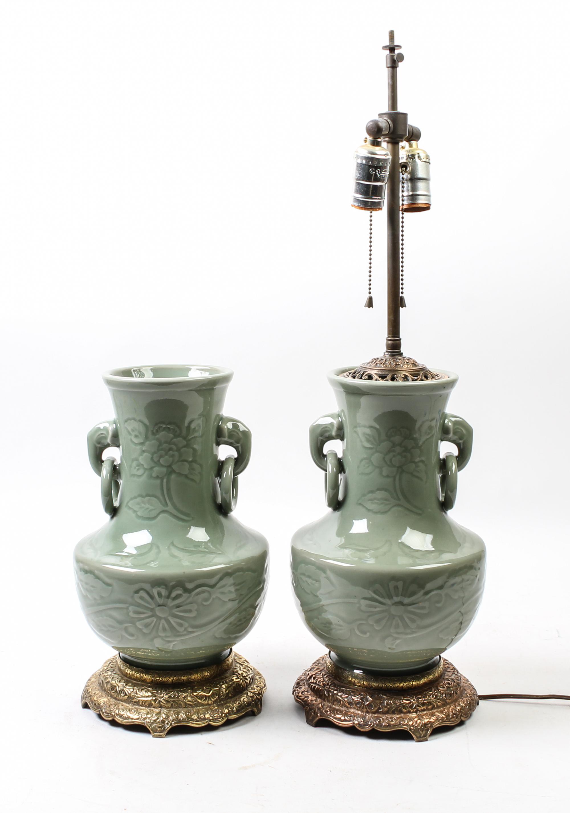 A Pair of Chinese Green Glazed Porcelain Vases Height of vases 11 1/4 inches. — 20TH CENTURY