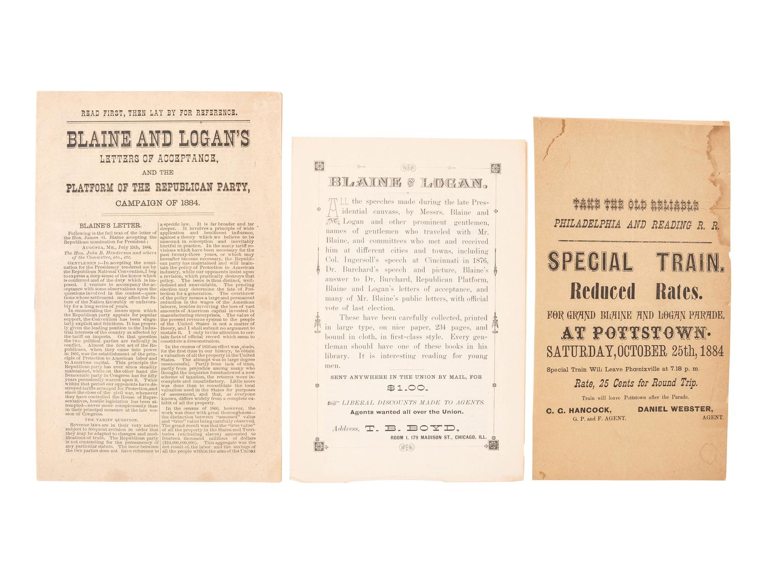 [1884 ELECTION] -- [BLAINE, James G.]. A group of cabinet cards, advertising cards, lithographs, and other ephemera from Blaine's 1884 presidential campaign, comprising: