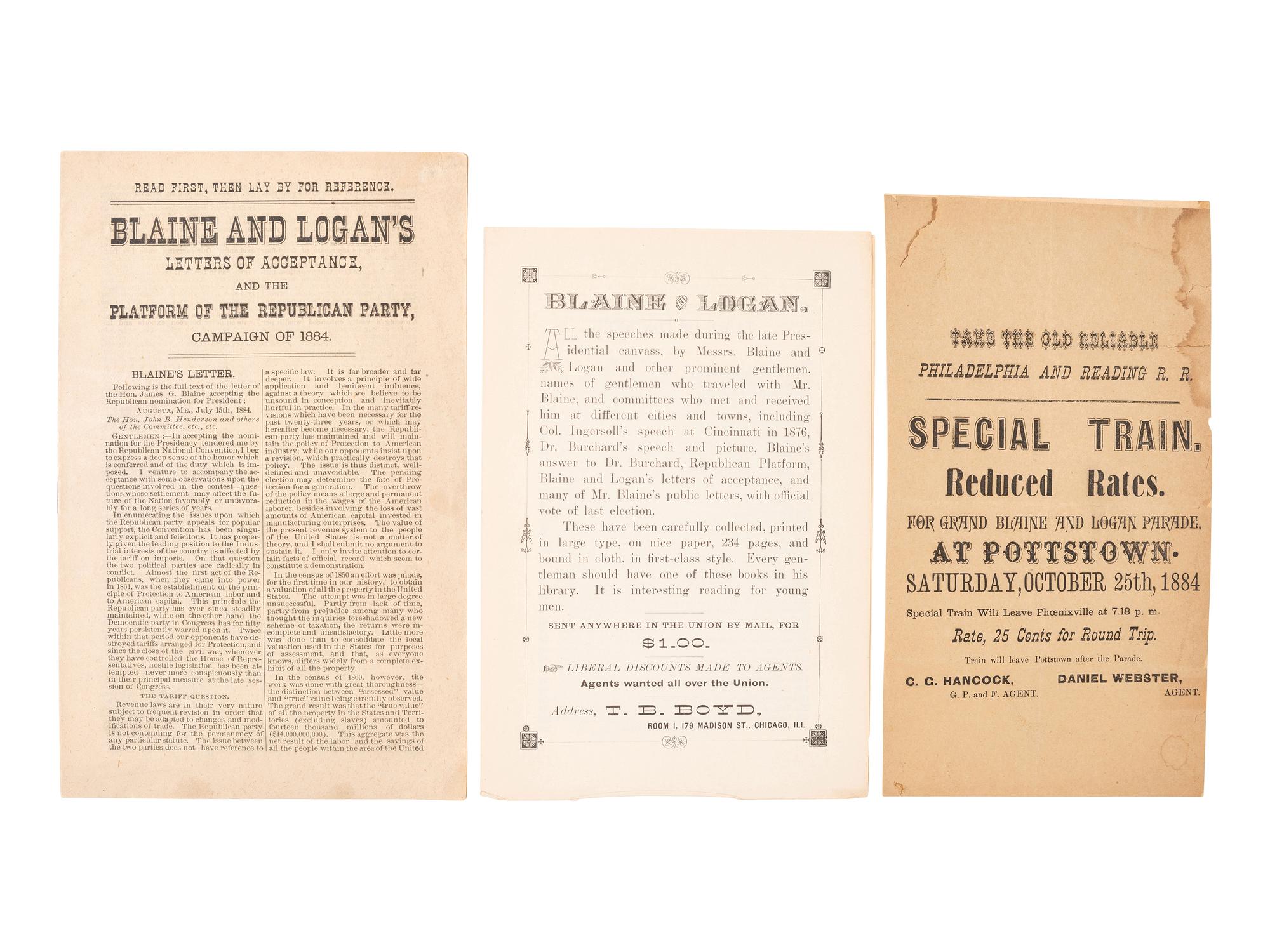 [1884 ELECTION] -- [BLAINE, James G.]. A group of cabinet cards, advertising cards, lithographs, and other ephemera from Blaine's 1884 presidential campaign, comprising: