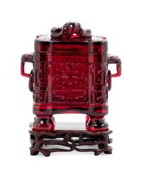 A Transparent Ruby-Red Plastic Imitating Glass Archaistic Incense Burner and Cover, Tulu
